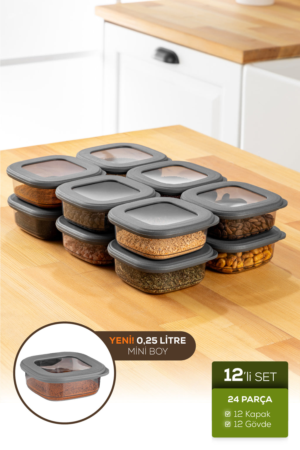 12'li Etiketli Lux Hava Geçirmez Erzak ve Baharat Saklama Kabı Seti 0,25 Lt Antrasit