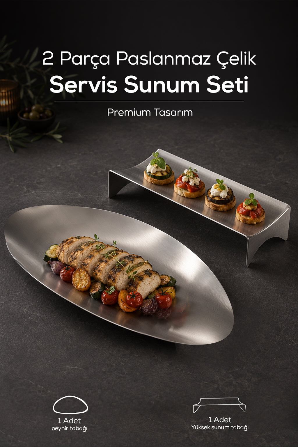 2 Adet Paslanmaz Çelik Oval Servis ve Sunum Tabağı, Sunum ve Servis Seti