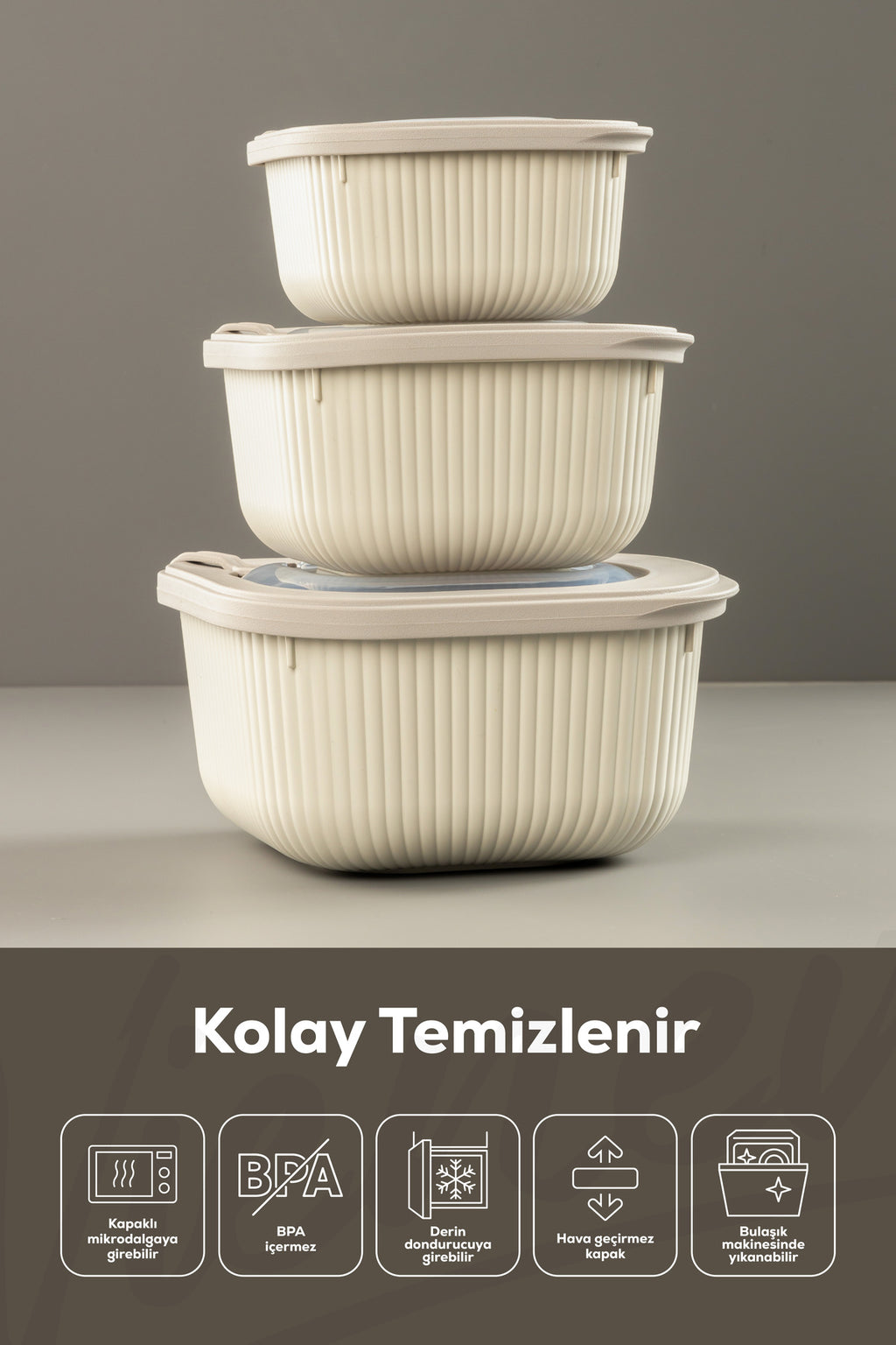 6'lı 2x(600-1100-1800 ML) Mikrodalga Ve Difrize Uygun Vip Kapaklı Özel Saklama Kabı Seti Bej