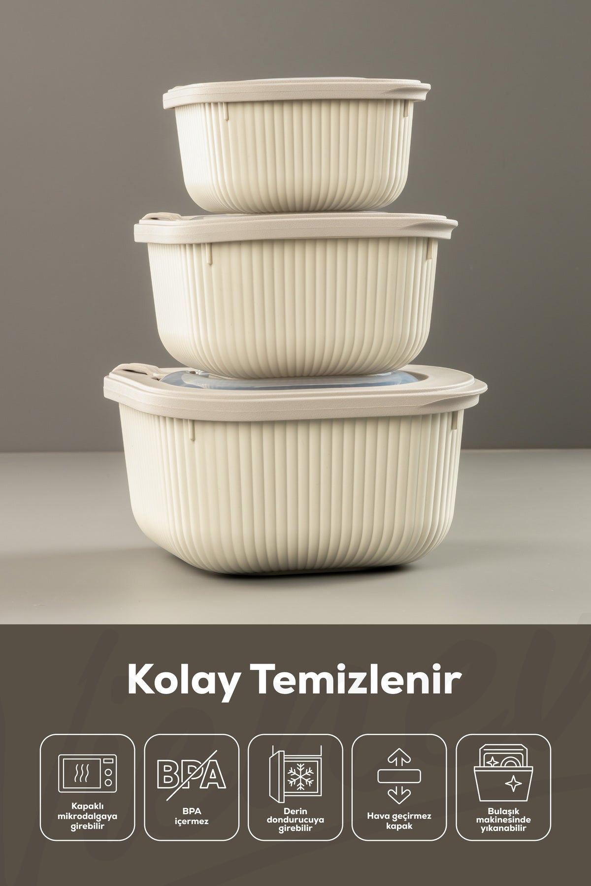 6'lı 2x(600-1100-1800 ML) Mikrodalga Ve Difrize Uygun Vip Kapaklı Özel Saklama Kabı Seti Bej