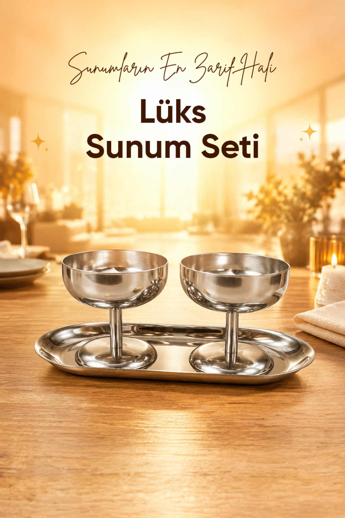 3'lü Set Gümüş Renk Metal Dondurmalık Seti (2x Geniş Kısa Kase 1x Kayık Tabak) - Şık Sunum ve Tatlı Kasesi