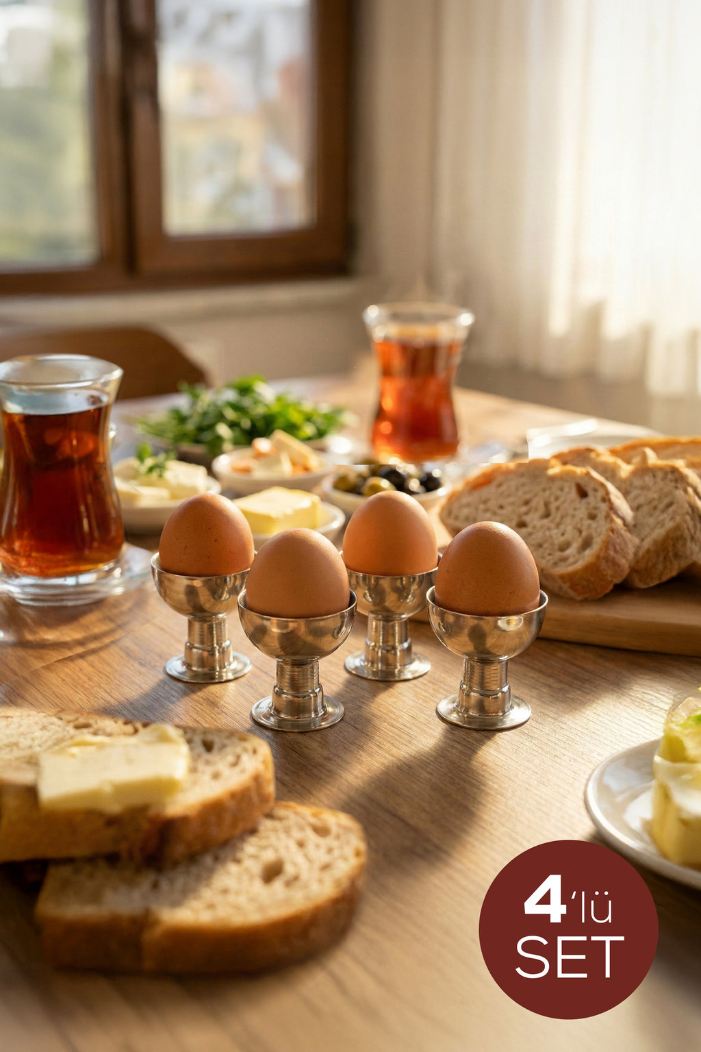 4'lü Gümüş Renk Metal Yumurtalık Seti Şık Kahvaltı Sunumu - Yumurta Kabı