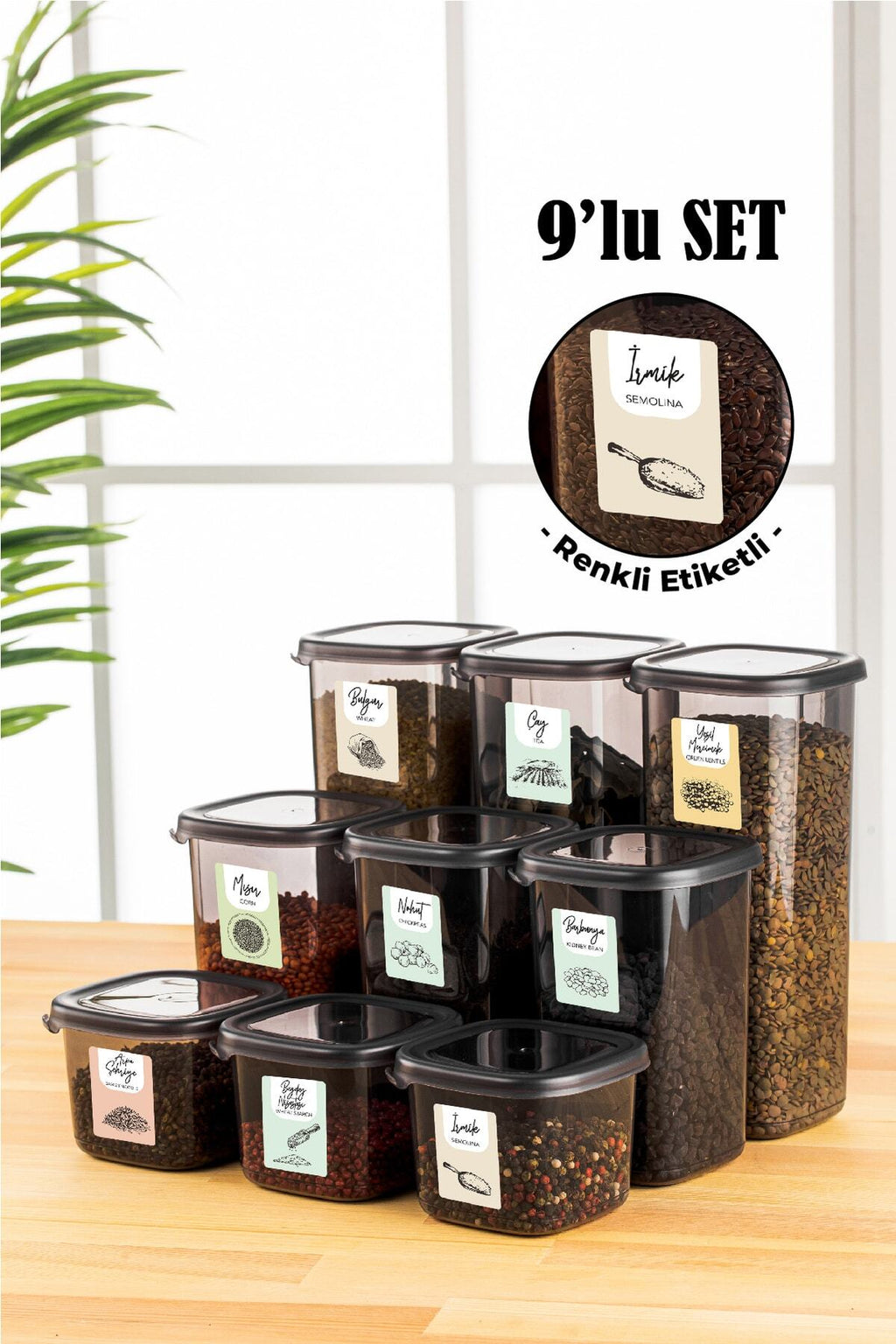 Renkli Etiketli 9lu Peggy Kare Erzak Saklama Kabı 3x(0,55 Litre, 1,2 Litre, 1,75 Litre) Antrasit