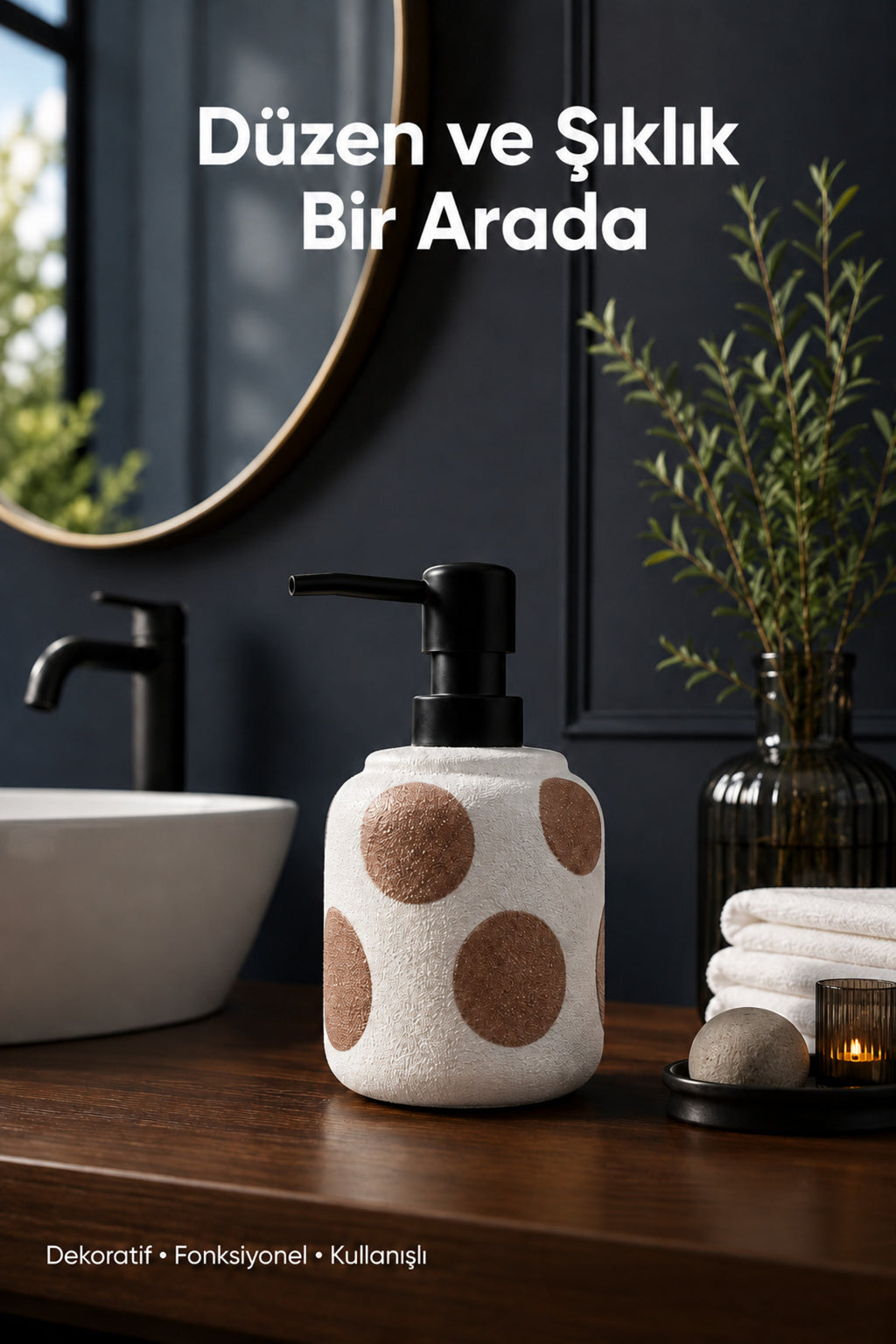 Kahverengi Puantiyeli Seramik Sıvı Sabunluk 380 ml Beyaz Lüks Banyo Mutfak Sıvı Sabunluk