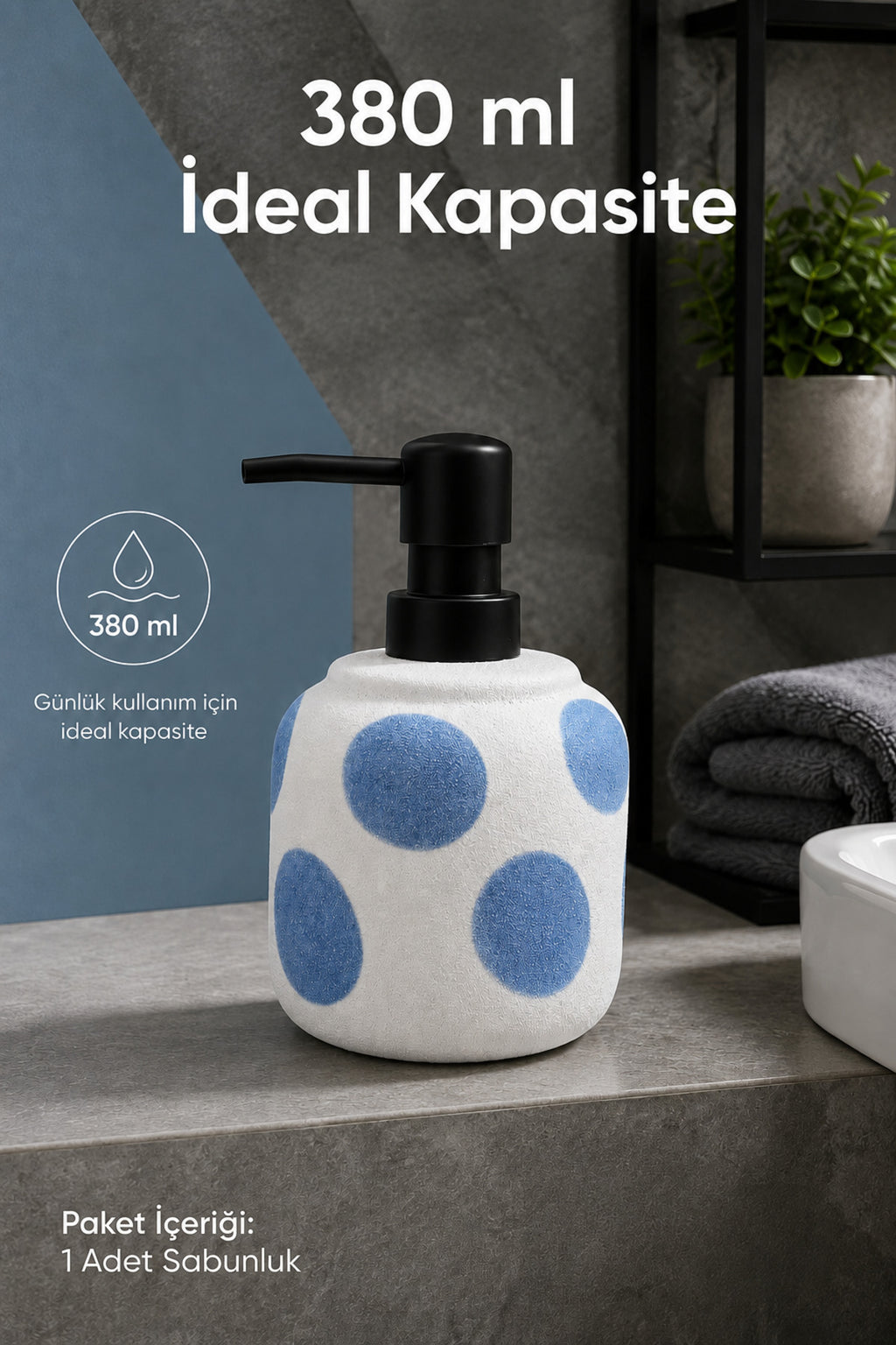Mavi Puantiyeli Seramik Sıvı Sabunluk 380 ml Beyaz Lüks Banyo Mutfak Sıvı Sabunluk