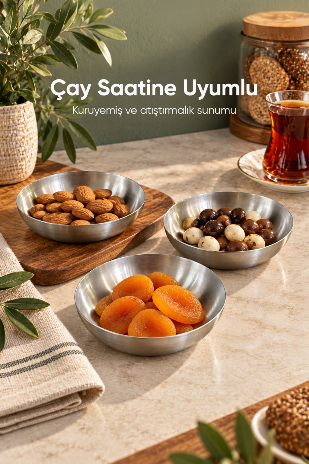 3'lü Paslanmaz Çelik Sunum Kasesi 10 cm Mini İkramlık Çerezlik Tatlı Servis Tabağı