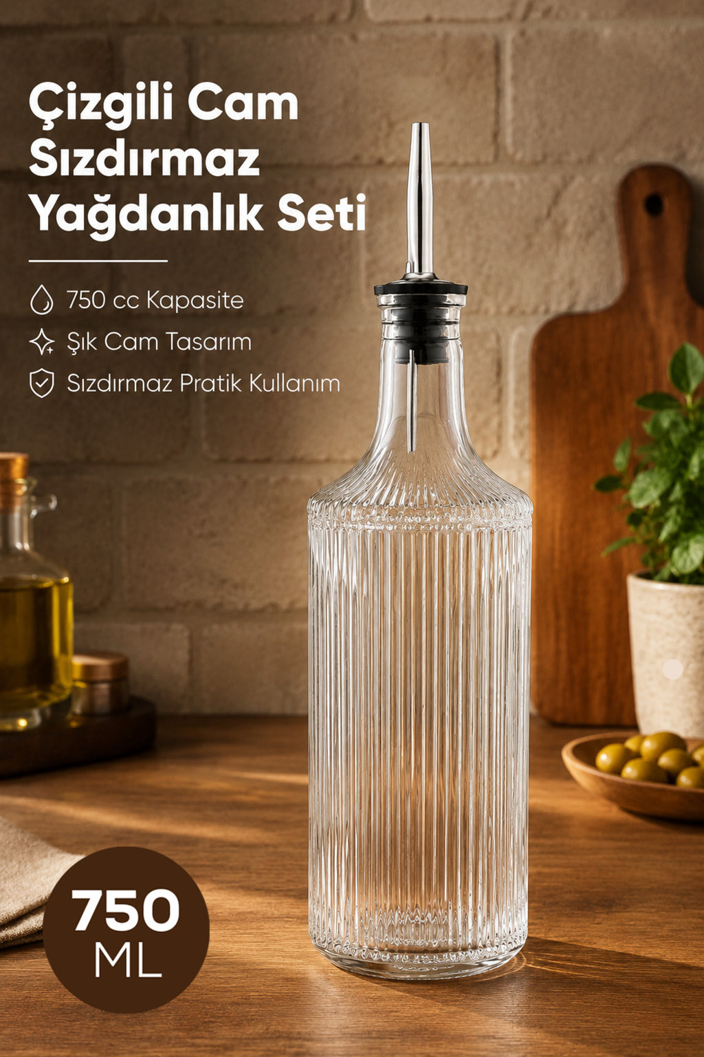 Çizgili Cam Yağdanlık Seti 750 cc Yağ Sirke Şişesi Sızdırmaz