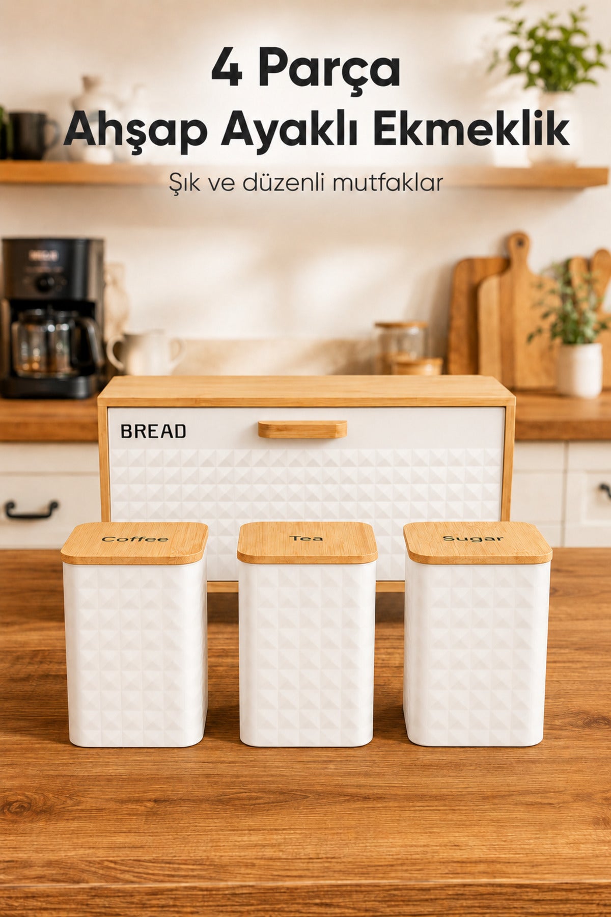 Ayaklı Ahşap Ekmek Dolabı Ve 3lü Beyaz Metal Kare Çay Kahve Şeker Saklama Kabı