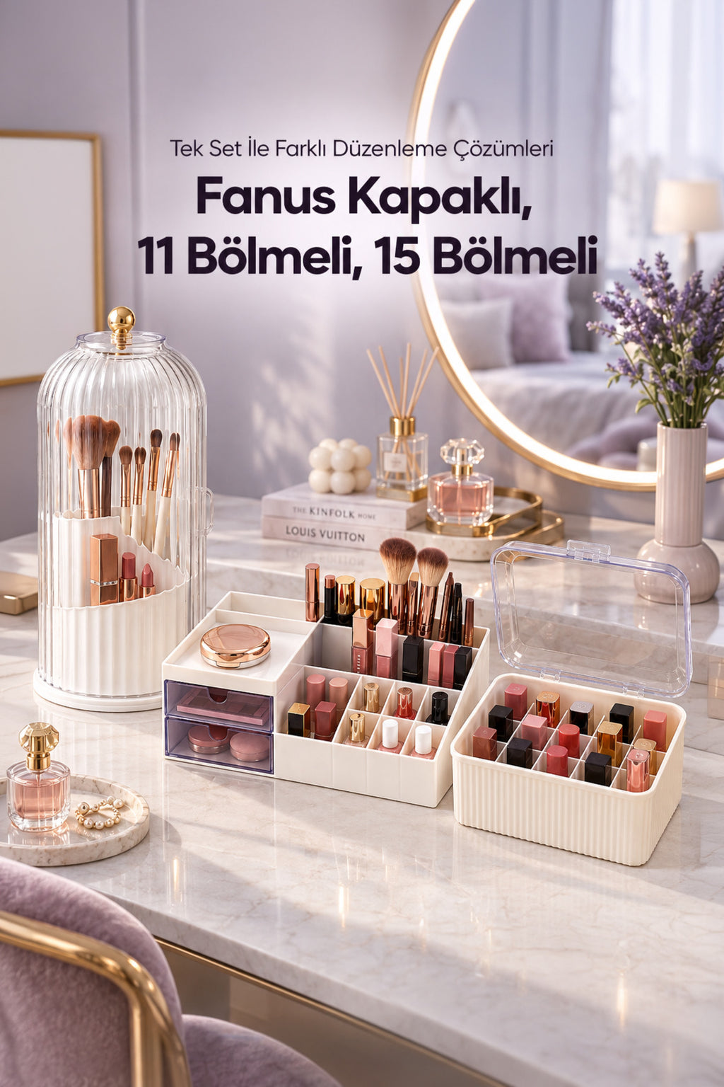 3'lü Makyaj Düzenleyici Seti Fanus Kapaklı Fırçalık, 11 ve 15 Bölmeli Çekmeceli Kozmetik Organizer