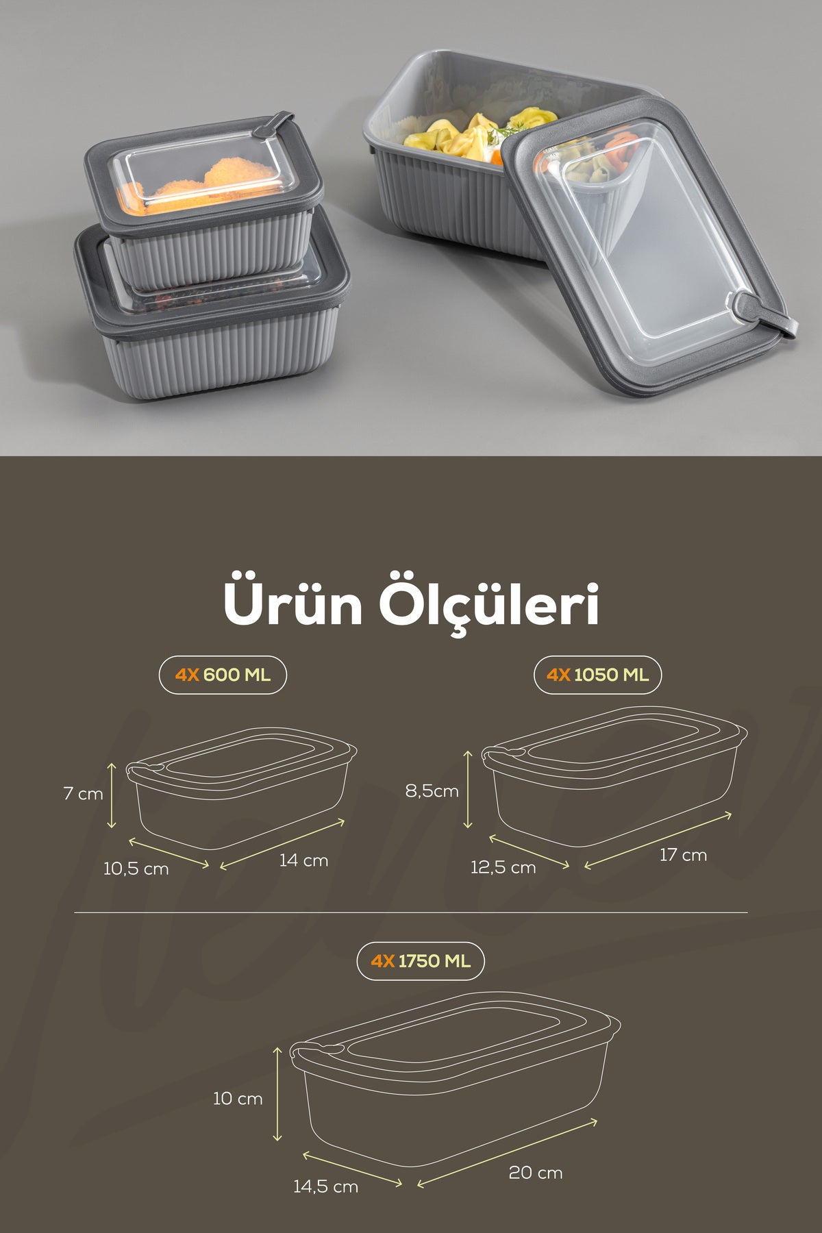 12'li Vip Dikdörtgen Mikrodalga Ve Difrize Uygun Saklama Kabı Seti Gri 4x(1750,1050,600 ML)