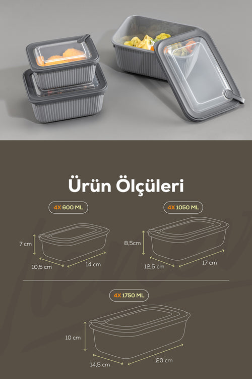12'li Vip Dikdörtgen Mikrodalga Ve Difrize Uygun Saklama Kabı Seti Gri 4x(1750,1050,600 ML)
