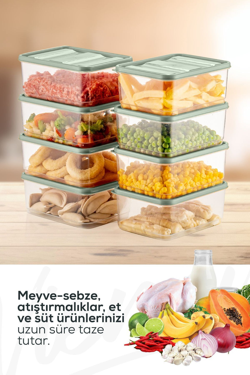 8'li Buzdolabı Düzenleyici Organizer Mikrodalgaya Uygun Difriz Saklama Kabı Mint
