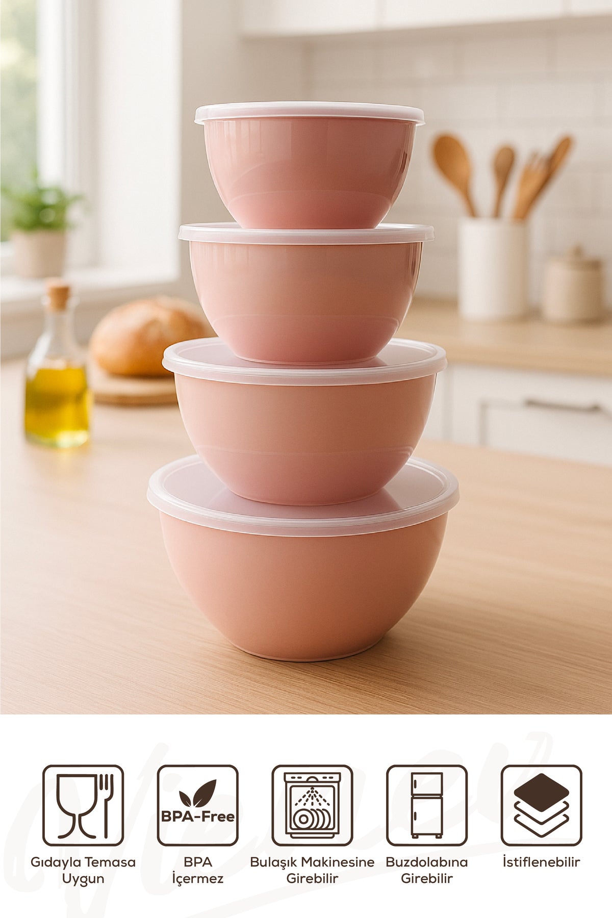 4’lü Yuvarlak Kase Seti Pembe | 1l, 1.5l, 2.3l, 3.3l | Kapaklı Çok Amaçlı Mutfak Saklama Kabı