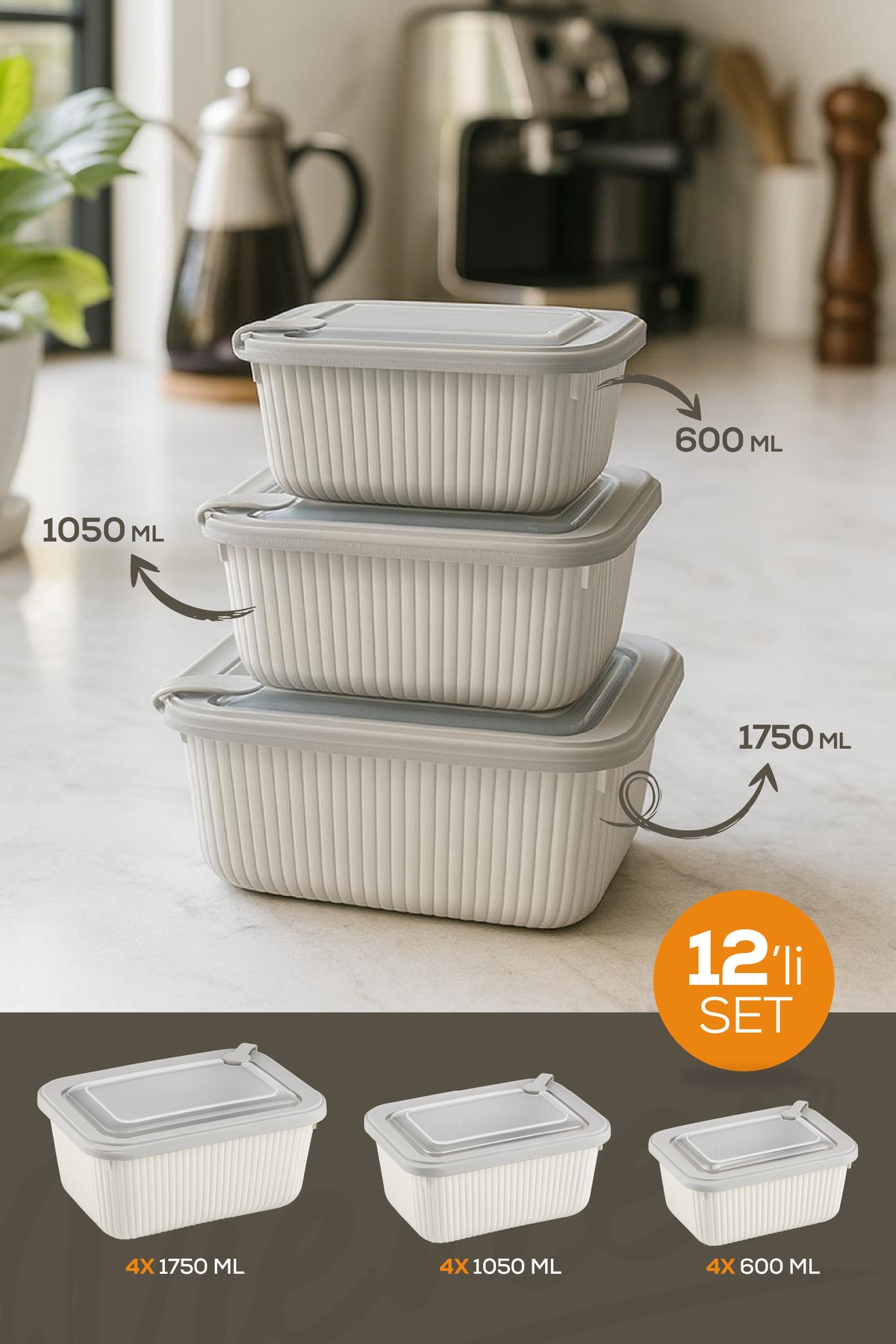 12'li Vip Dikdörtgen Mikrodalga Ve Difrize Uygun Saklama Kabı Seti Bej 4x(1750,1050,600 ml)