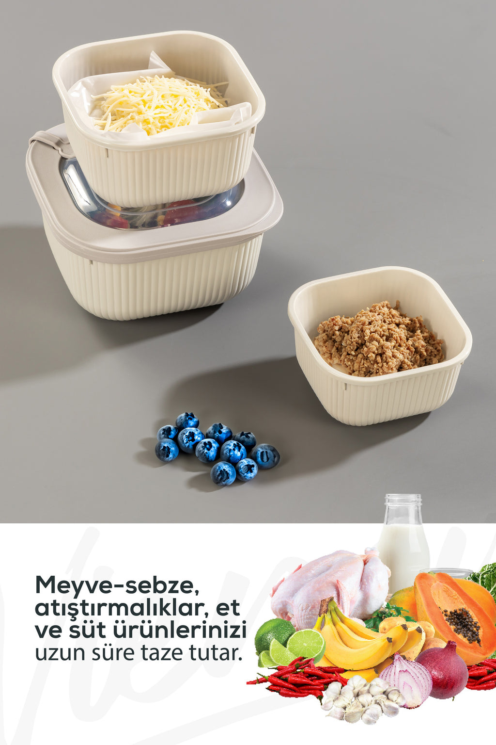 6'lı 2x(600-1100-1800 ML) Mikrodalga Ve Difrize Uygun Vip Kapaklı Özel Saklama Kabı Seti Bej