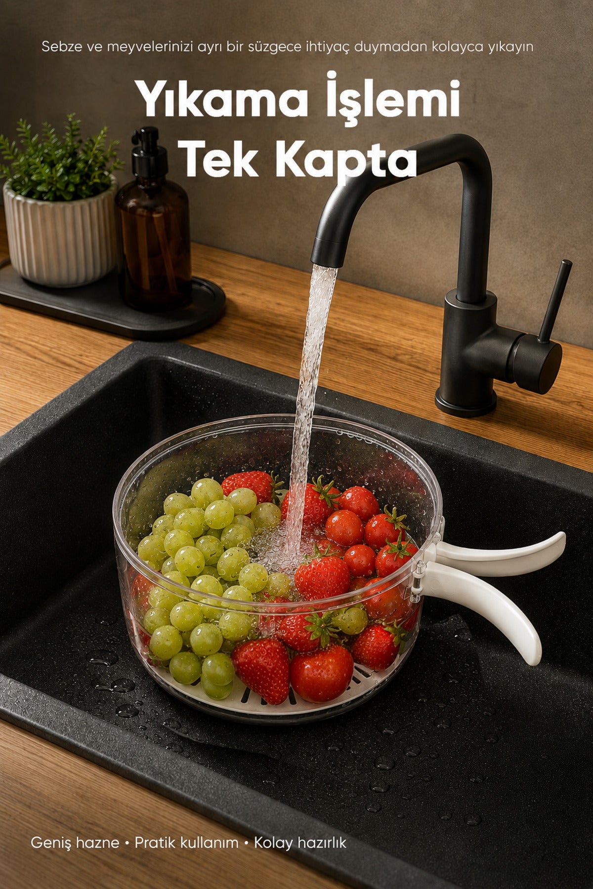 Kulplu Süzgeçli Şeffaf Saklama Kabı Kapaklı Sebze Meyve Yıkama ve Muhafaza Kabı