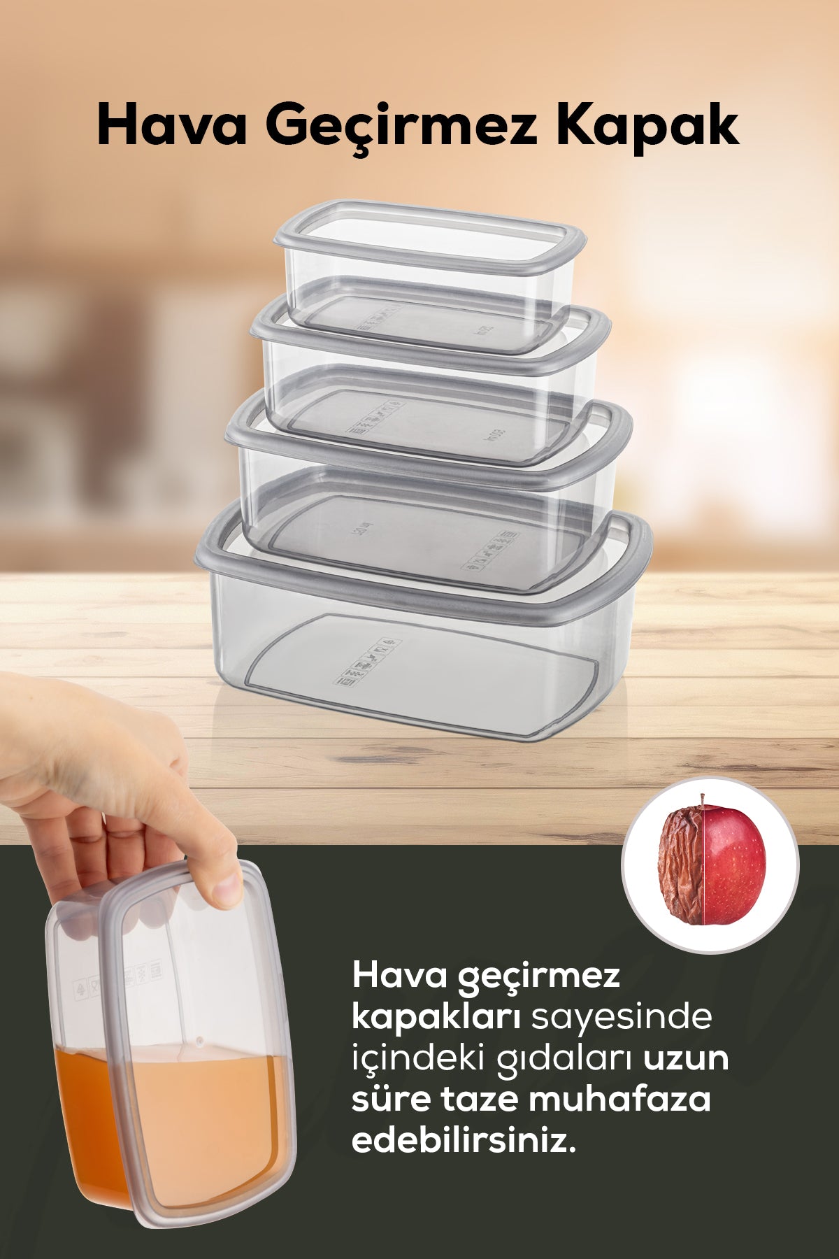 8'li Hava Geçirmez Saklama Kabı Seti Antrasit 2x(250-500-750-1200 ML)