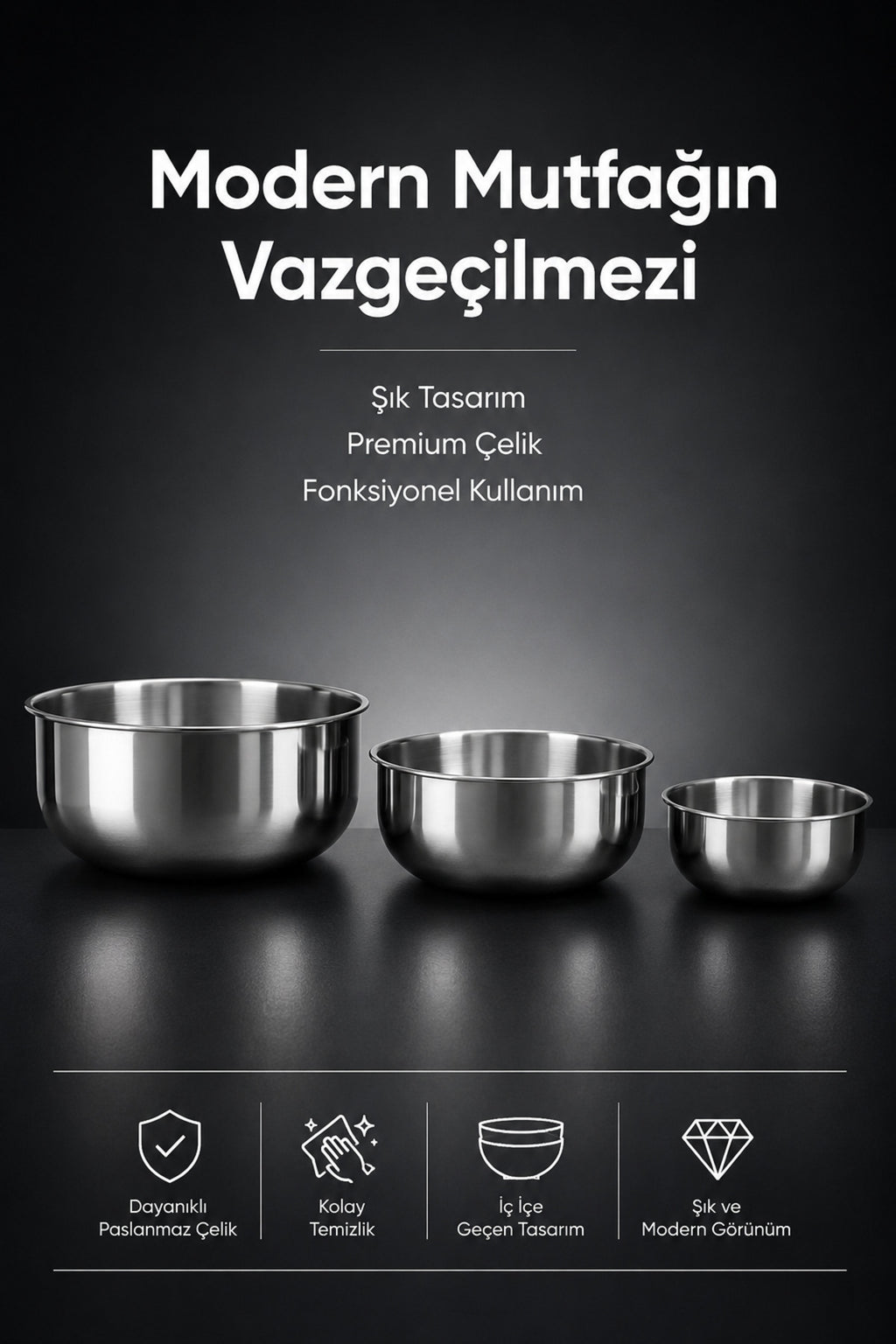 3'lü Paslanmaz Çelik Karıştırma Kabı Seti - 1200-2500-4000 ml Metal Kase Takımı