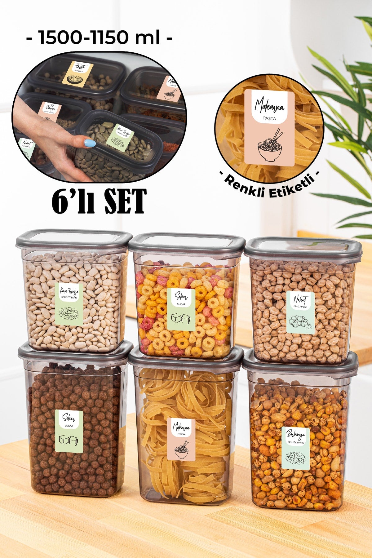 Renkli Etiketli 6lı Peggy Dikdörtgen Saklama Kabı Seti 3x(1500-1150 Ml) Antrasit
