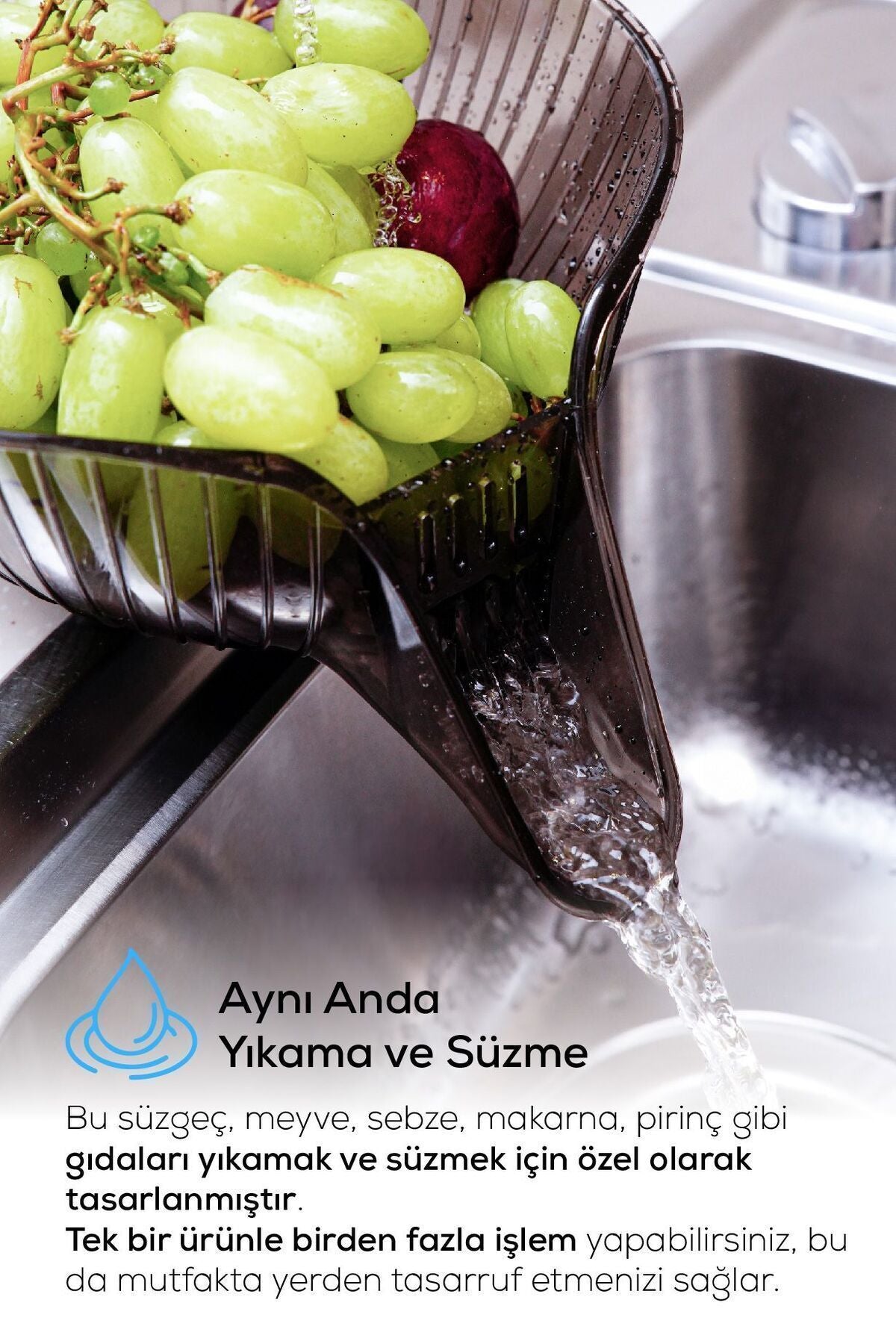 Meyve Sebze Yıkama Süzme Süzgeci - Makarna Pirinç Süzgeci Antrasit