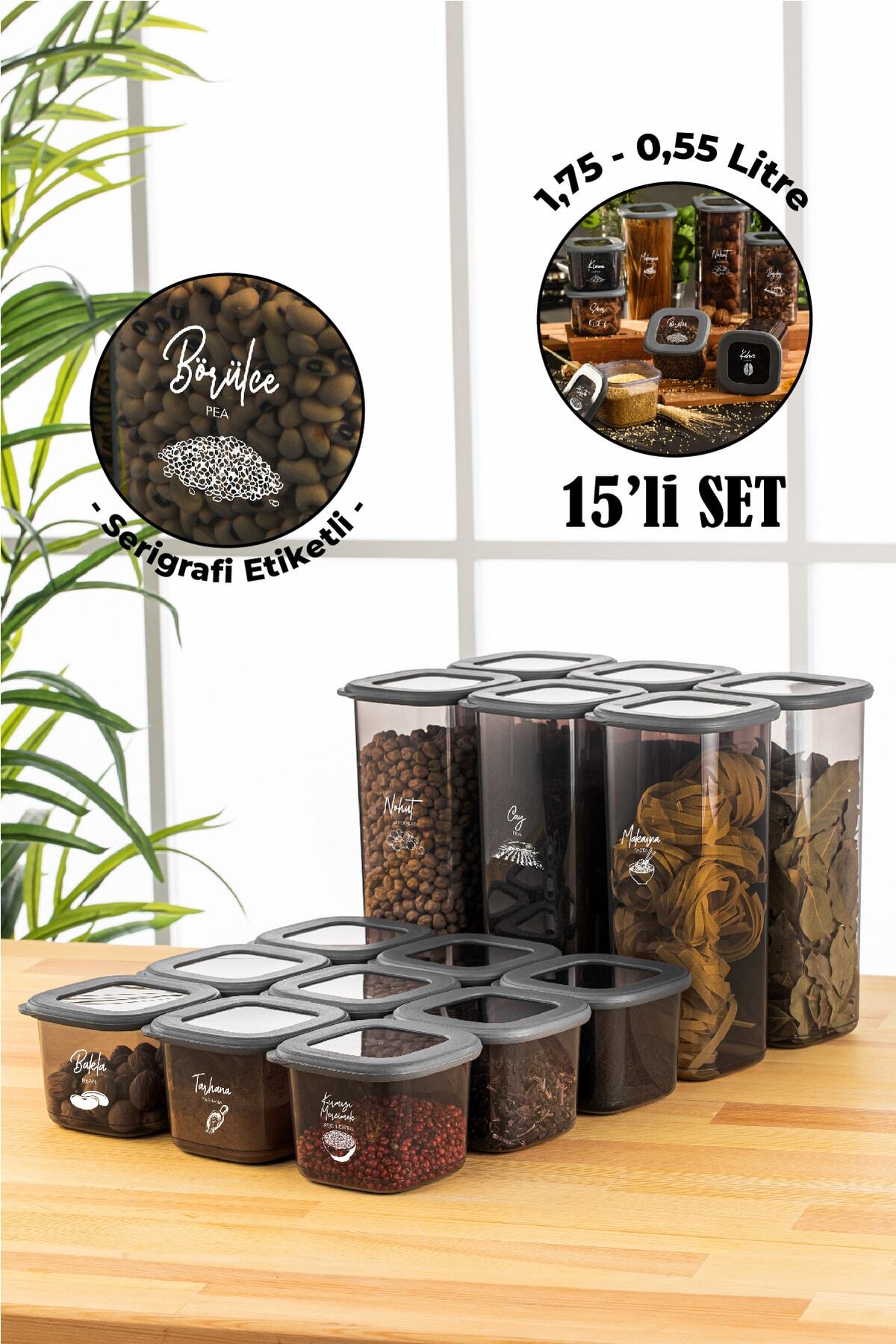 Serigrafi Etiketli 15li Foly Kare Erzak Saklama Kabı 9x(0,55 Litre) 6x(1,75 Litre) Antrasit