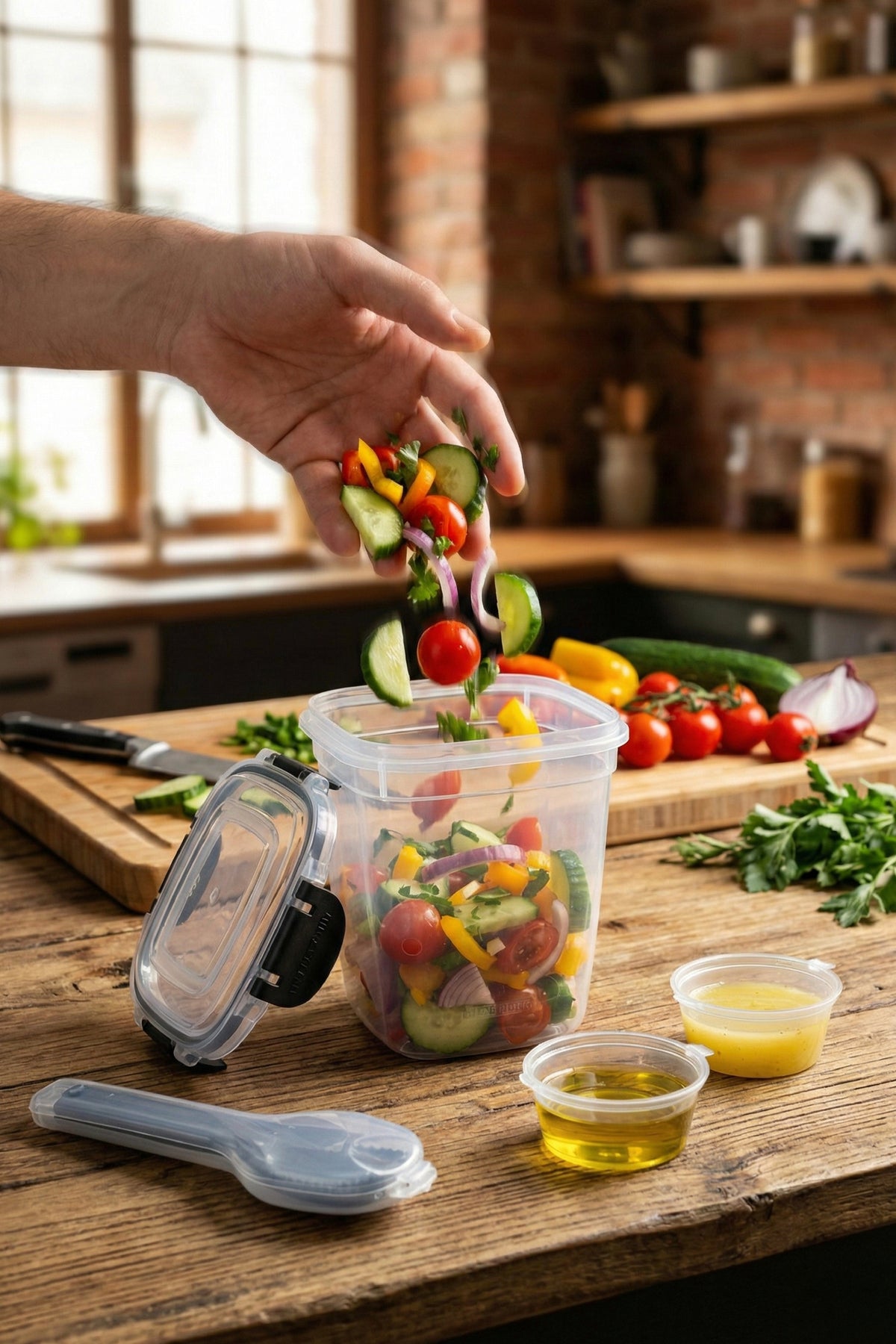 Kilitli Kapak 1075ml Yemek Saklama Kabı - 2 Sosluk ve Kaşık Setli Pratik Öğün Kabı