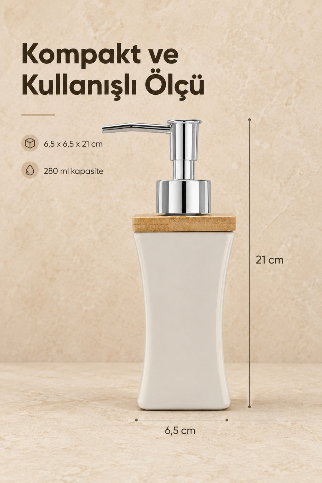 Bambu Kapaklı Porselen Sıvı Sabunluk Kavisli Model 280 ml Bej