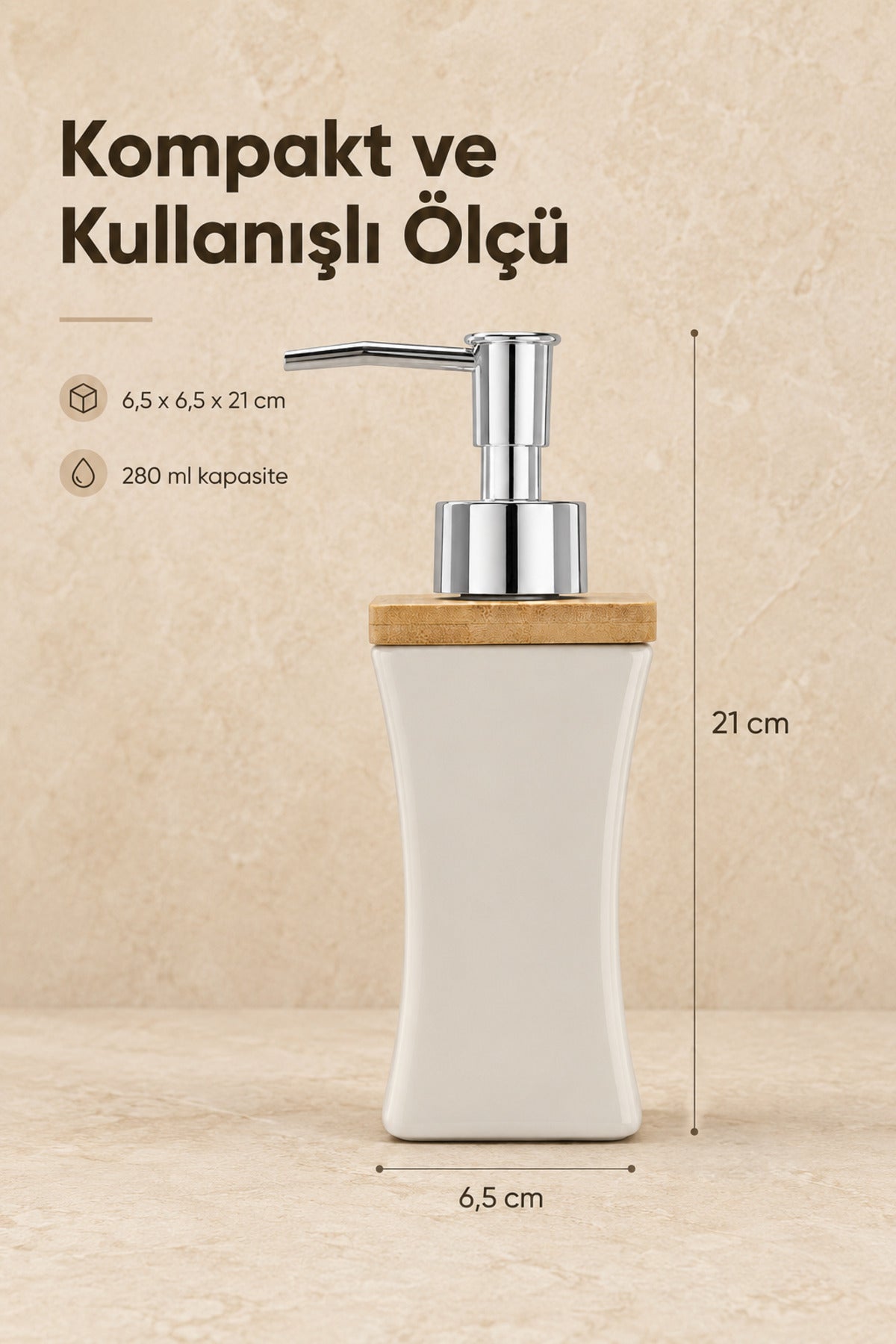 Bambu Kapaklı Porselen Sıvı Sabunluk Kavisli Model 280 ml Bej