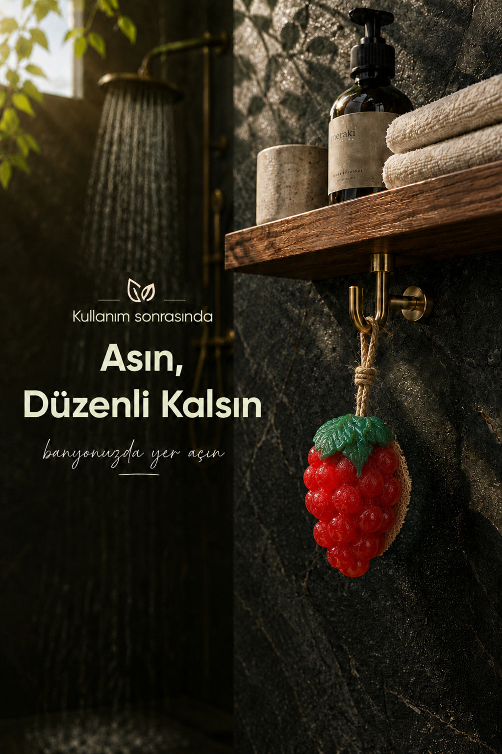 Kırmızı Üzüm Şekilli Lifli Katı Sabun 10,5x7x5,2 cm Peeling Etkili Asılabilir Dekoratif Banyo El Sabunu