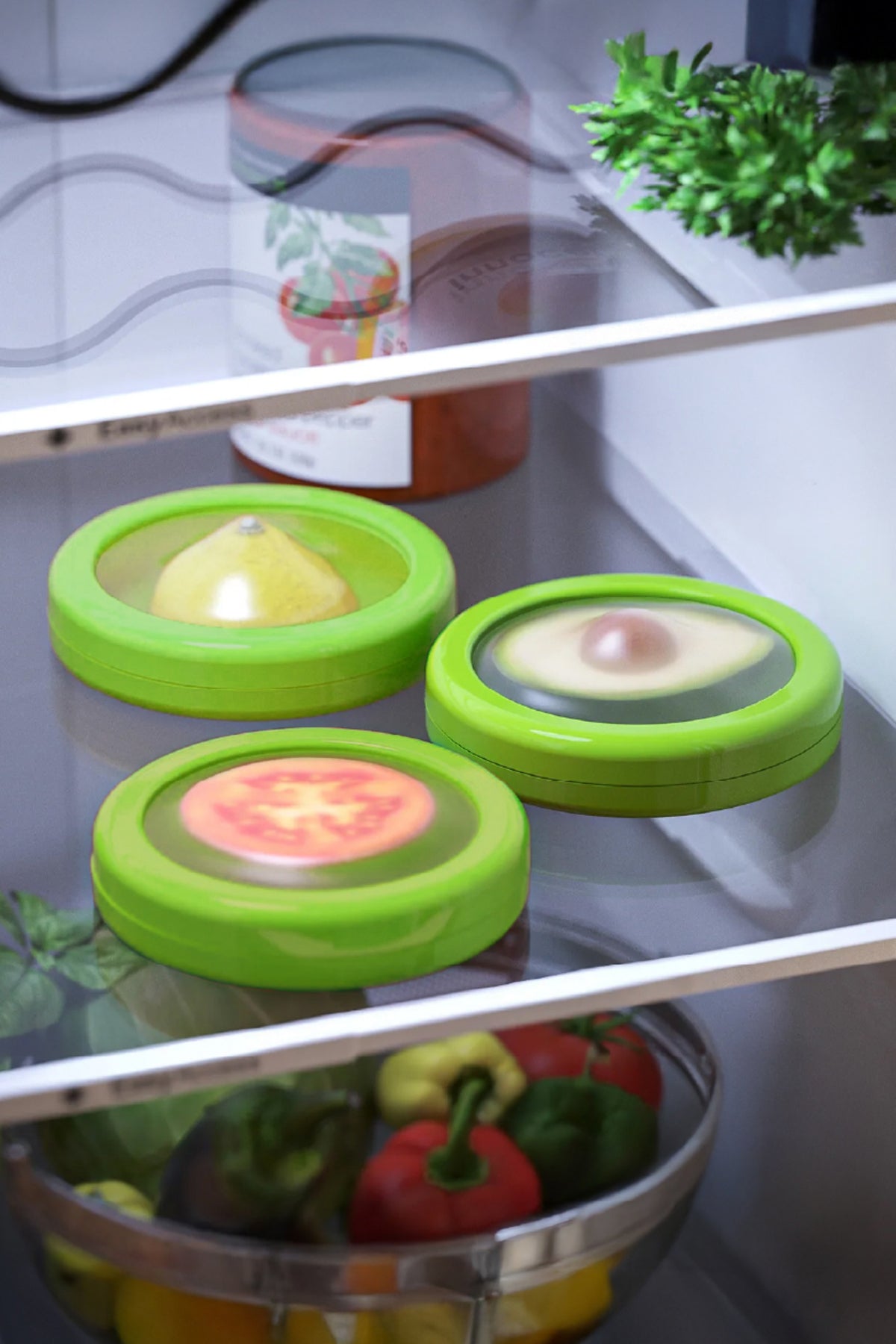 3'lü Buzdolabı Için Yarım Meyve Ve Sebze Koruma Kabı - Limon, Soğan, Domates Saklama Kutusu Yeşil