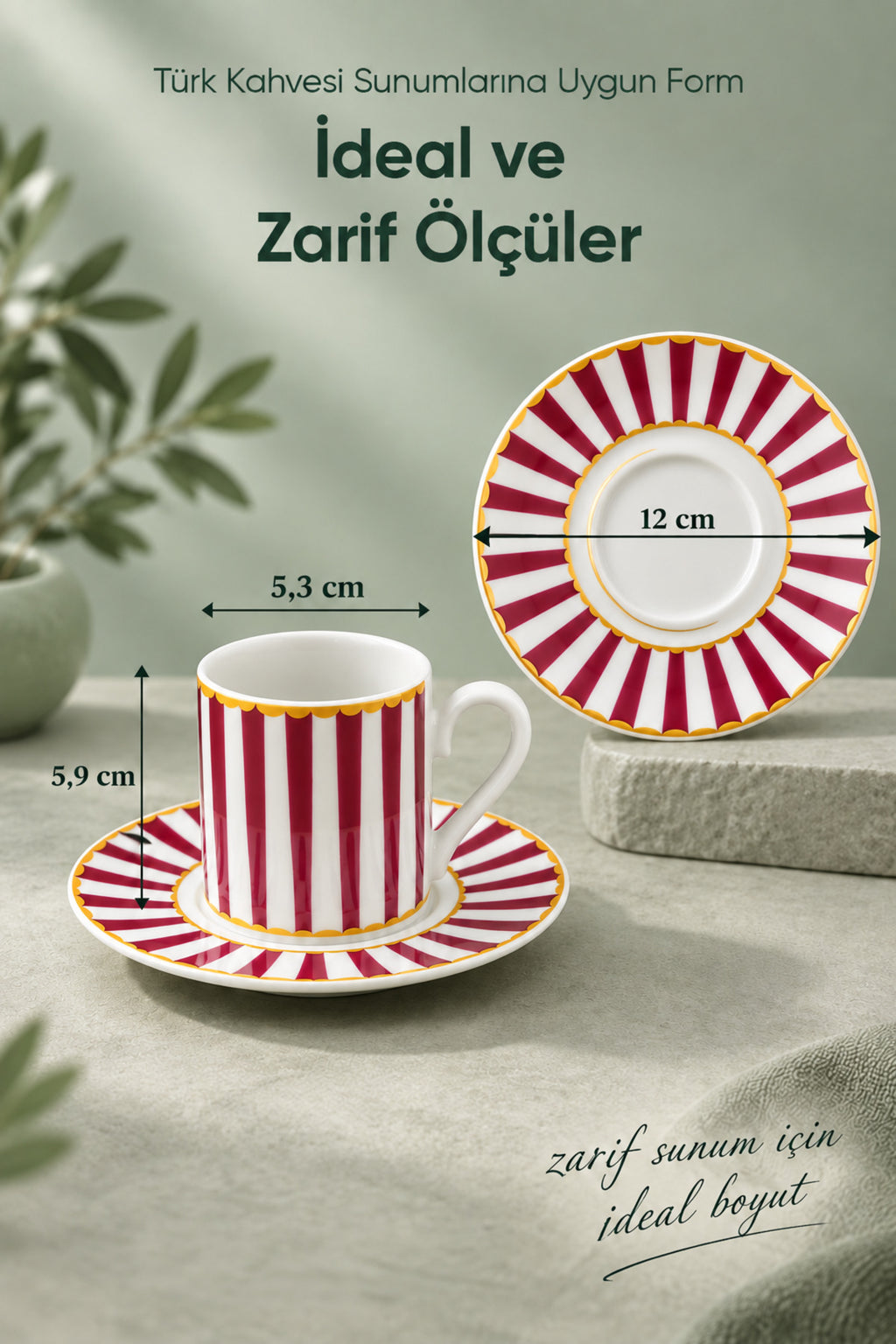 6 Kişilik Pembe Çizgili Porselen Kahve Fincanı Takımı 12 Parça Altın Yaldız Detaylı Şık Sunum Seti