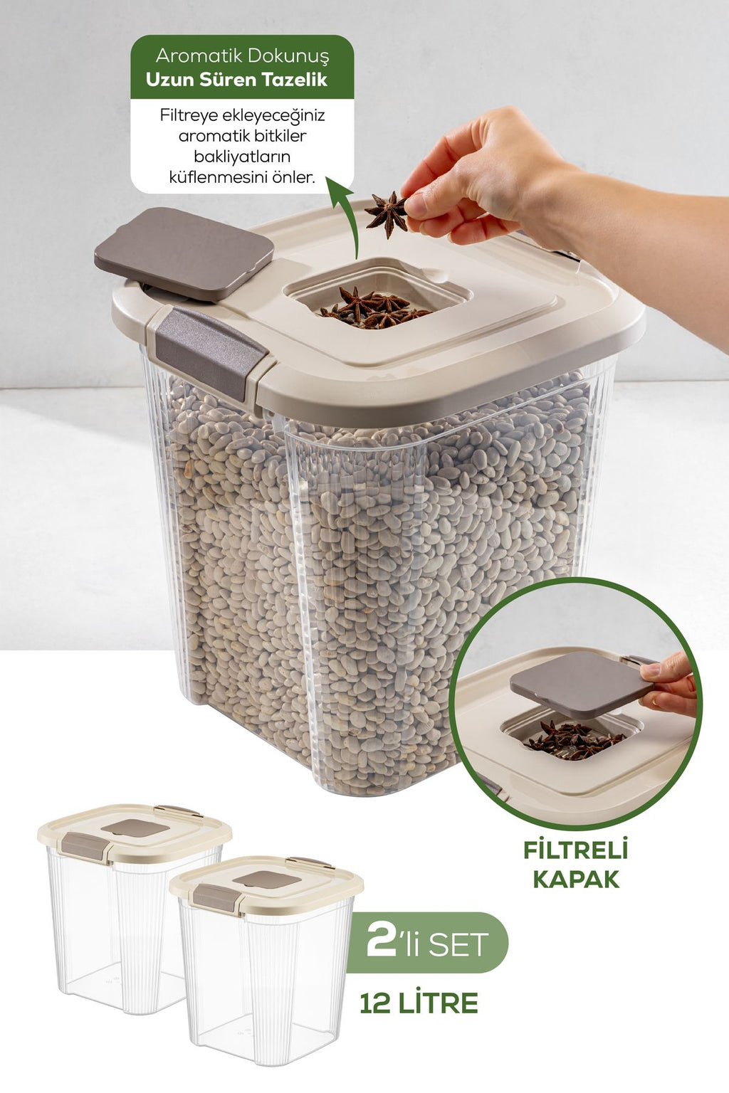 2'li 12 Litre Kare Çok Amaçlı Filtre Kapaklı Un Bakliyat Saklama Kabı Bej
