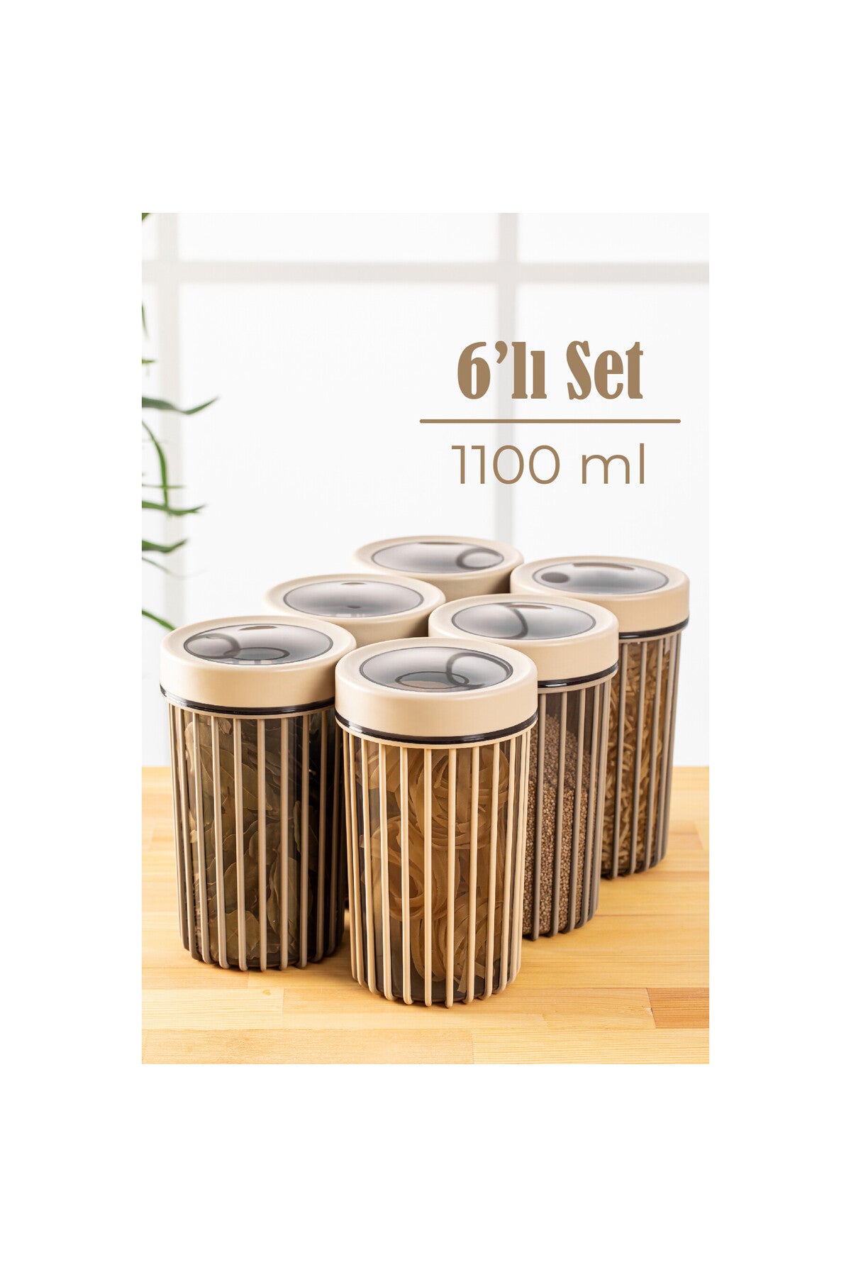 6lı Linea Çevir Aç Kapak Kavanoz Saklama Kabı Seti 1100 ml Krem