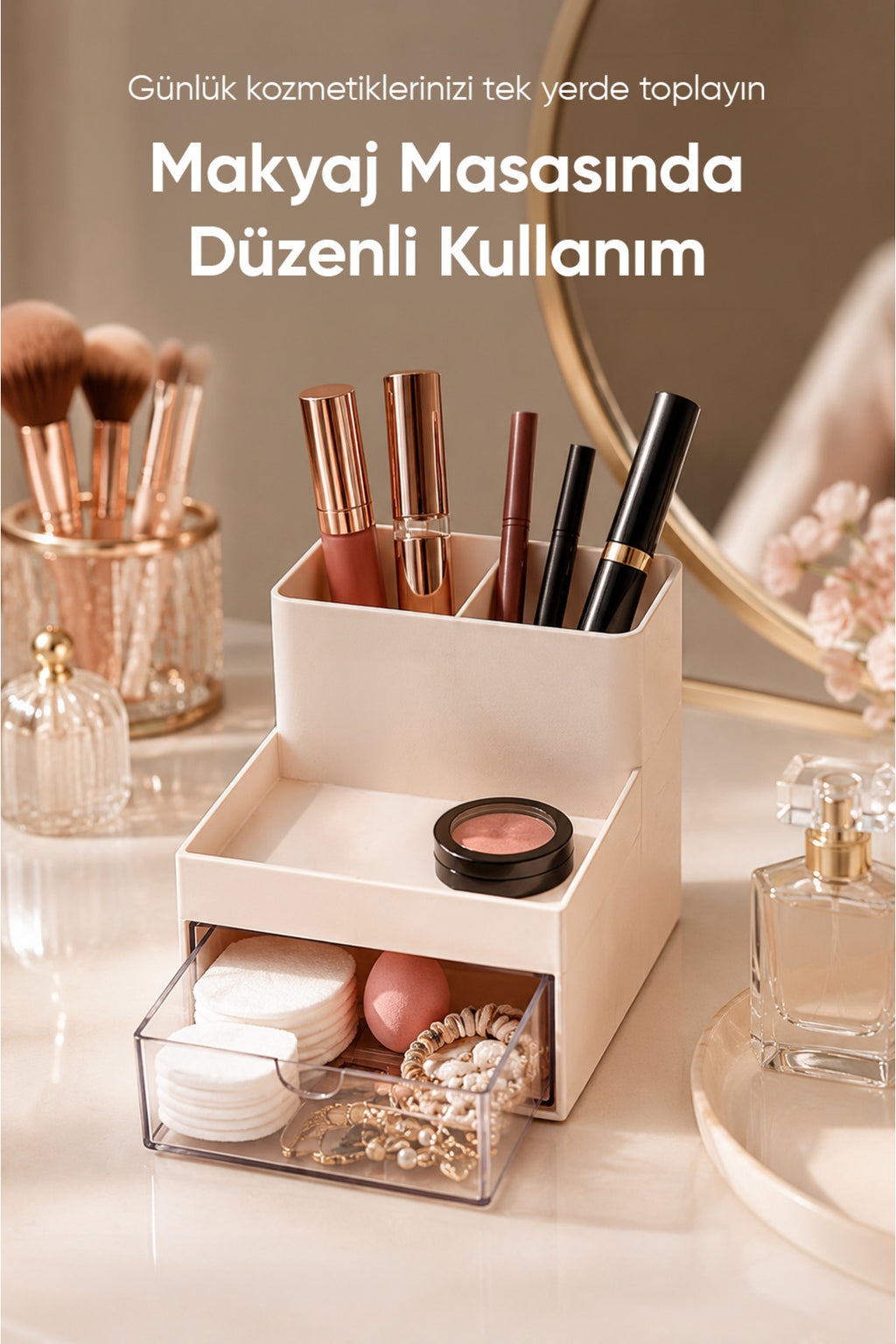 Tek Çekmeceli 2 Bölmeli Organizer Makyaj Kozmetik Masaüstü Düzenleyici Çok Amaçlı Saklama Kutusu