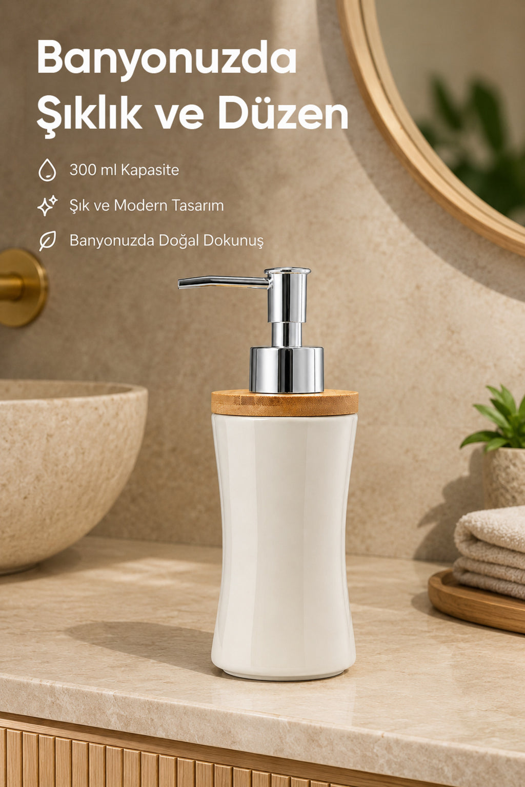 Bambu Kapaklı Porselen Sıvı Sabunluk 300 ml Bej