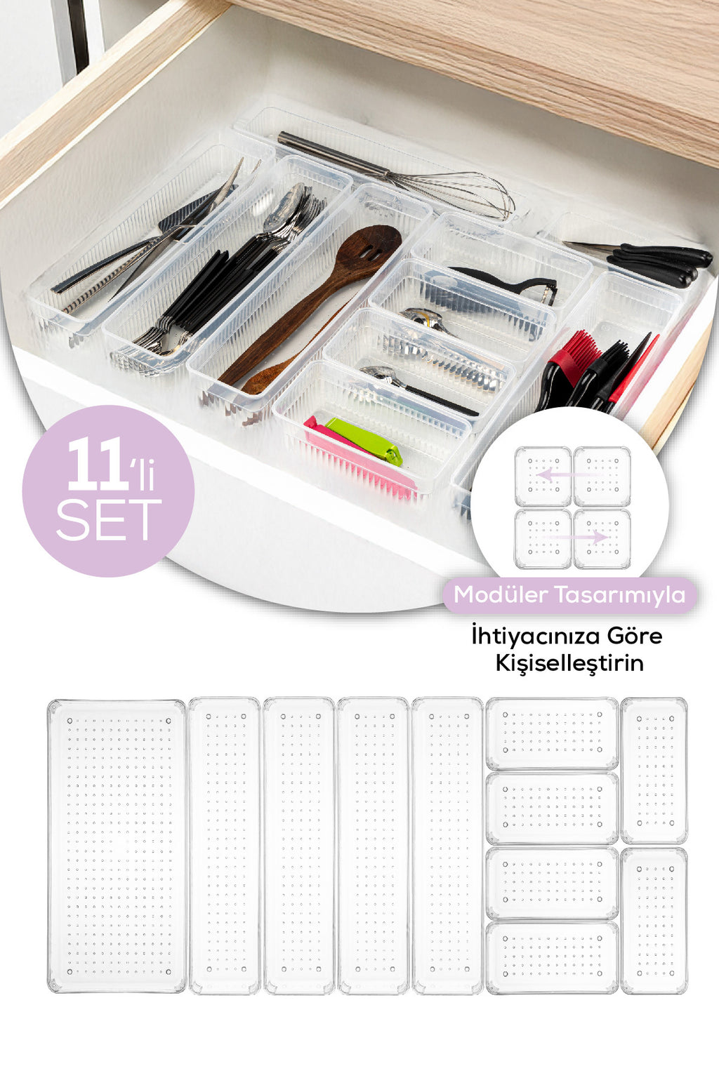 11'li Set Çekmece Içi Kaşıklık - Dolap Içi Çatal-kaşık Bıçak Düzenleyici Organizer