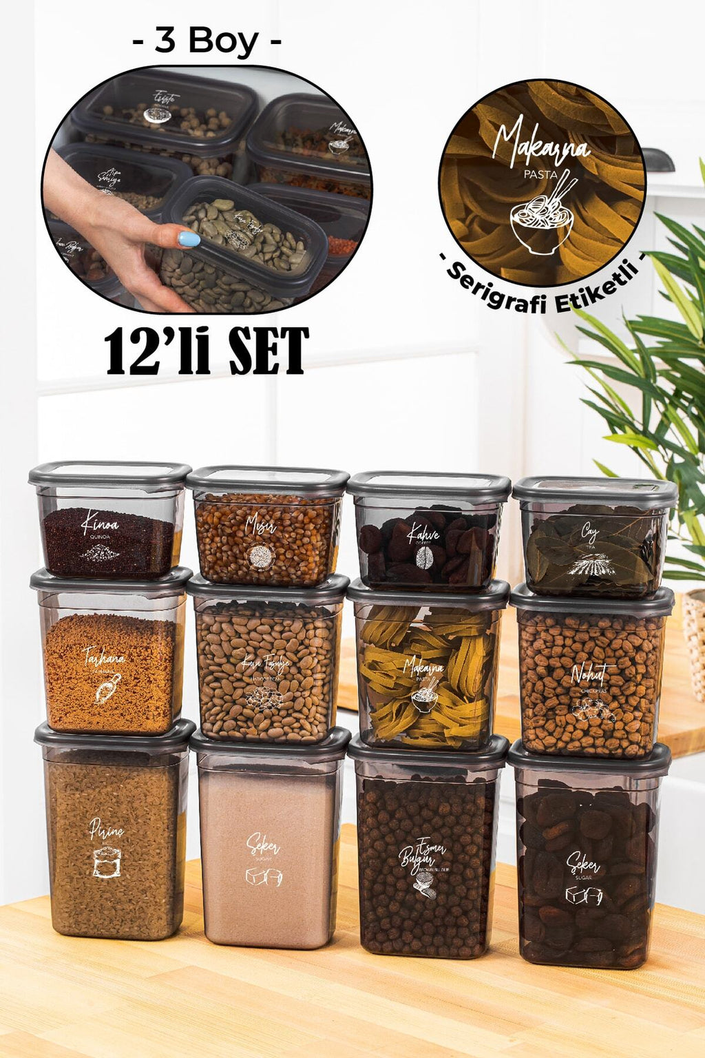 Beyaz Serigrafi Etiketli 12li Peggy Dikdörtgen Saklama Kabı Seti 4x(1500-1150-800 Ml) Antrasit