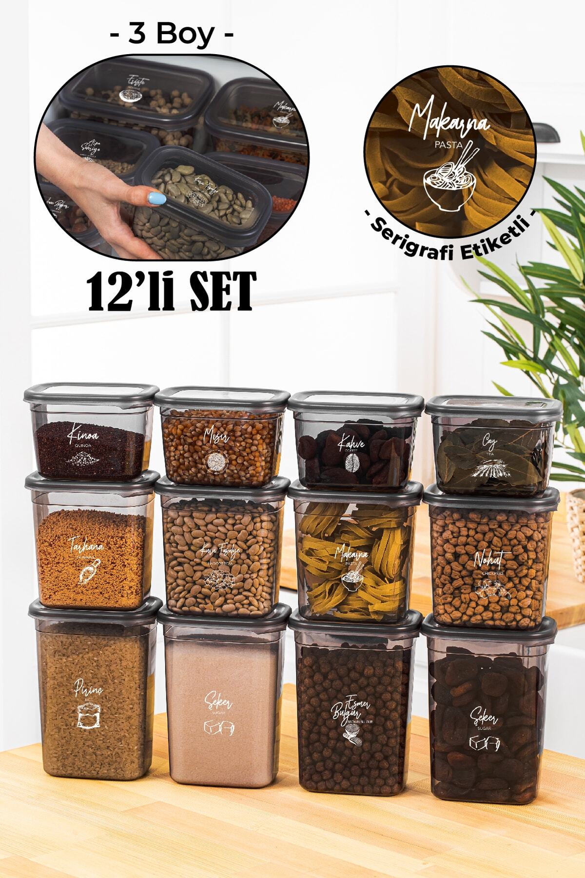 Beyaz Serigrafi Etiketli 12li Peggy Dikdörtgen Saklama Kabı Seti 4x(1500-1150-800 Ml) Antrasit