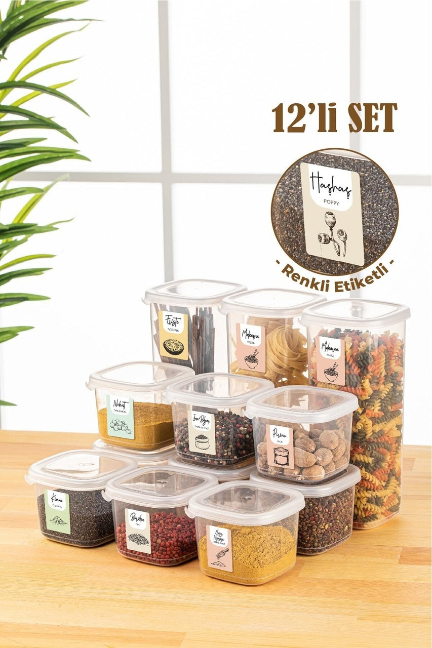 Renkli Etiketli 12li Set Peggy Kare Erzak Saklama Kabı 9x(0,55 Litre) - 3x(1,75 Litre) Beyaz