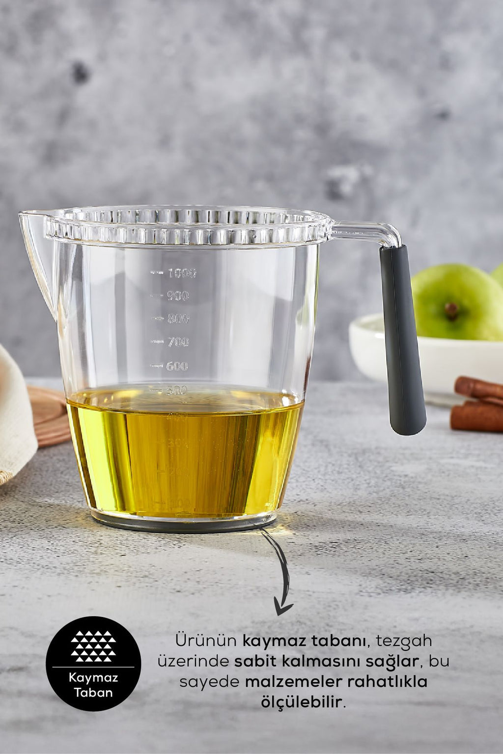 Akrilik Kaymaz Tabanlı Silikon Kulplu Ölçü Kabı 1 Litre