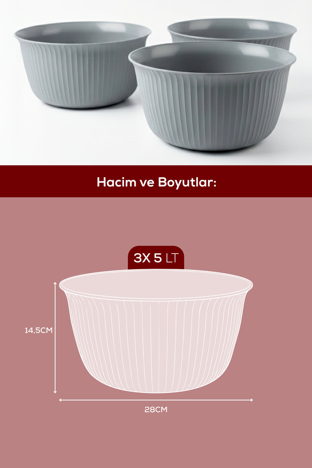 3'lü 5 Litre Plastik Karıştırma ve Saklama Kase Seti Gri