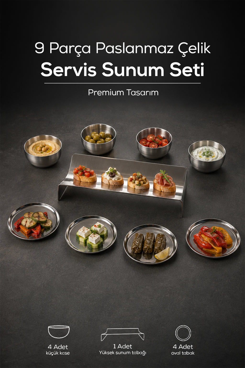 9 Parça Paslanmaz Çelik Kahvaltılık ve Sunum Seti, Servis Tabağı, Kase ve Çerezlik