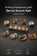 9 Parça Paslanmaz Çelik Kahvaltılık ve Sunum Seti, Servis Tabağı, Kase ve Çerezlik