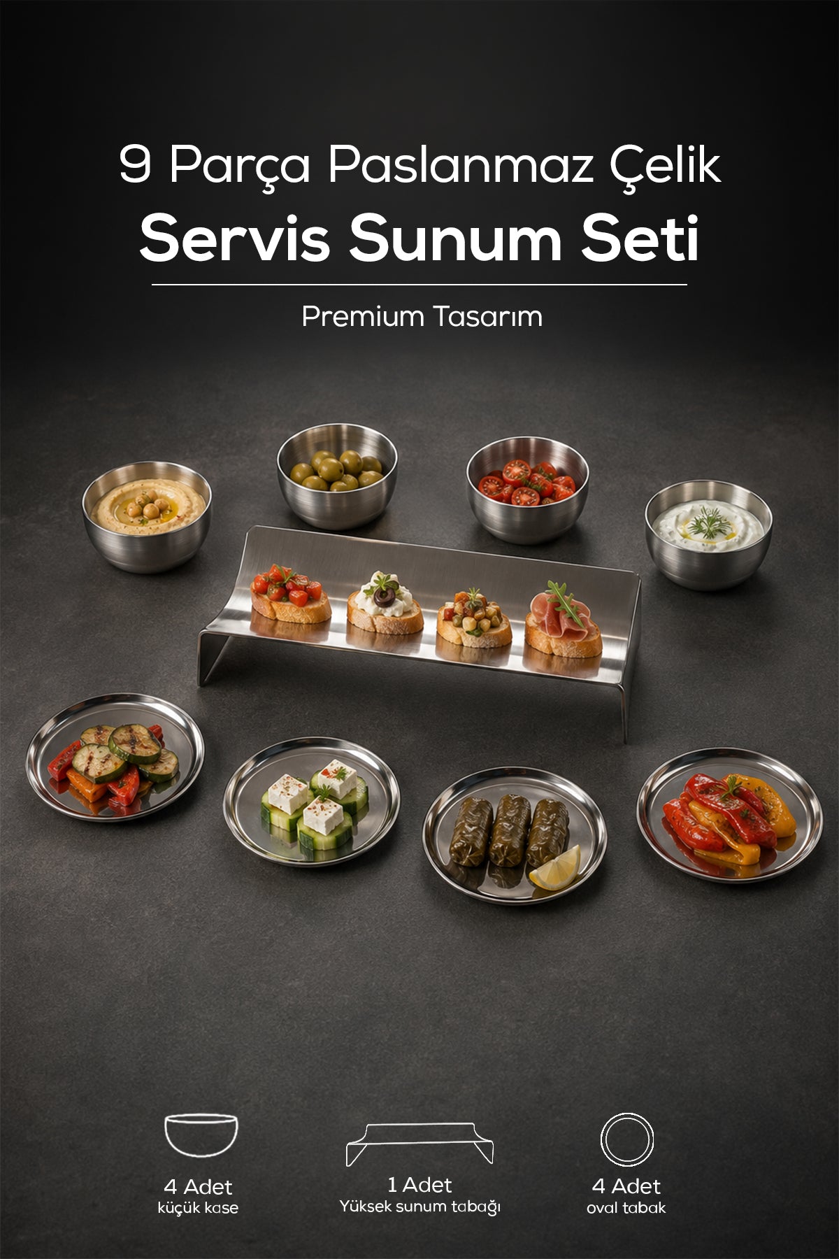 9 Parça Paslanmaz Çelik Kahvaltılık ve Sunum Seti, Servis Tabağı, Kase ve Çerezlik