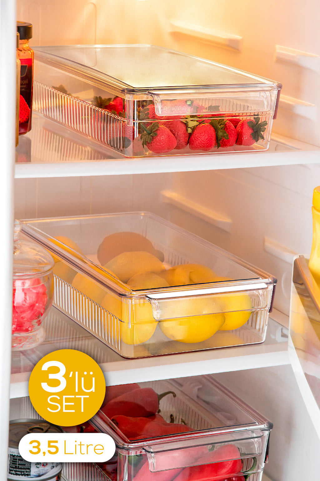 3'lü 3,5 Litre Kapaklı Mini Buzdolabı Dolapiçi Düzenleyici Organizer