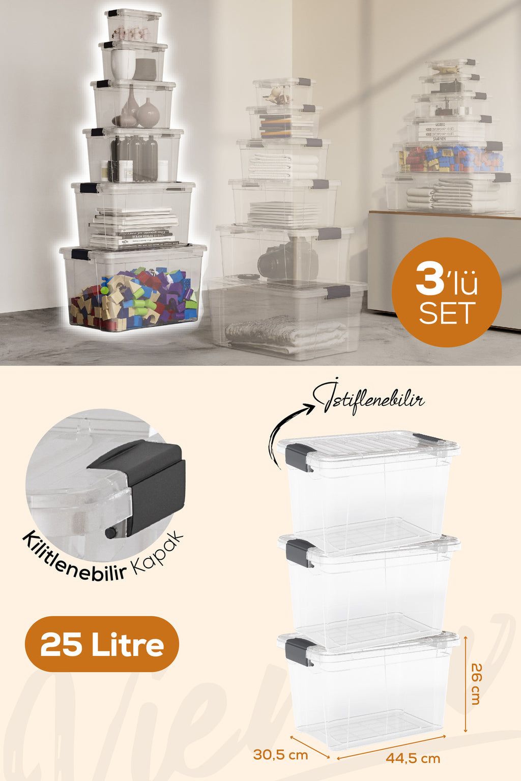 3'lü 25 Litre Kilitli Kapaklı Saklama ve Erzak Kutusu 33125