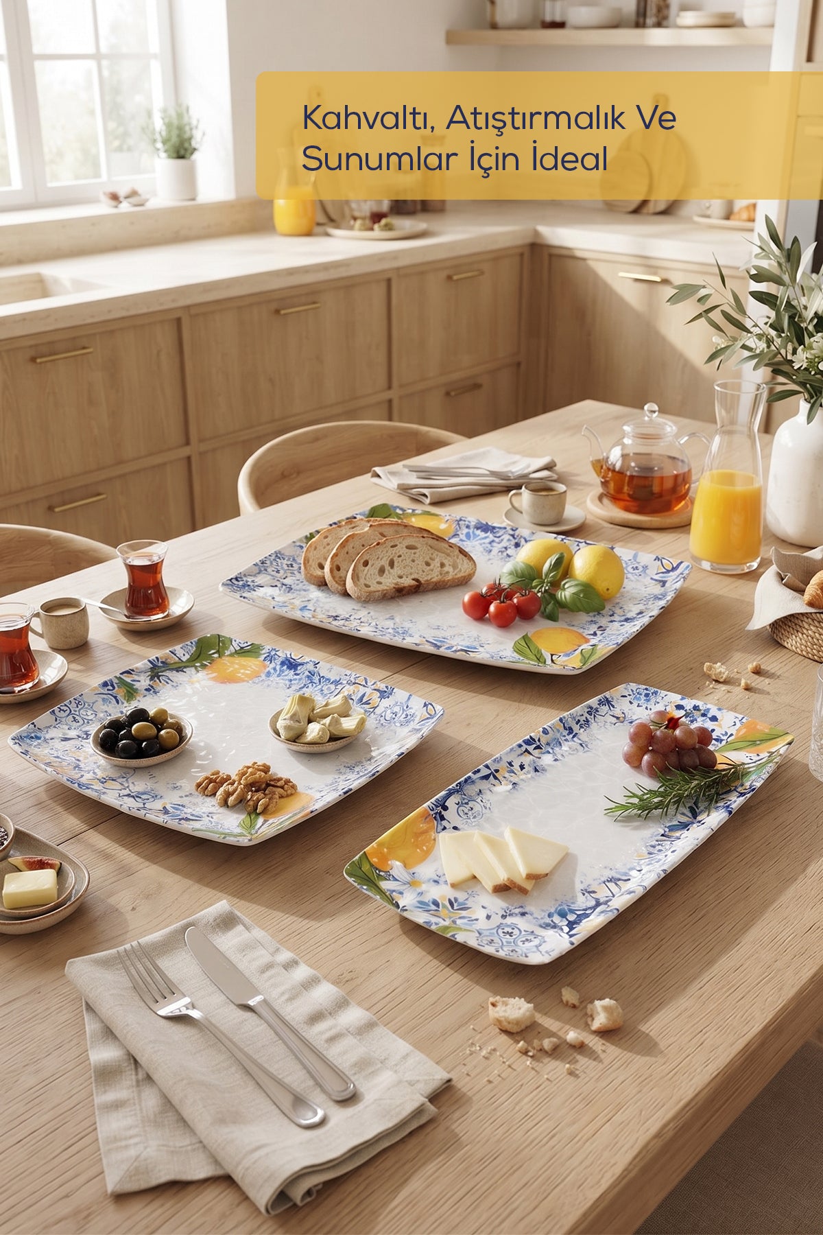 3 Adet Melamin Sunum Tabağı Seti, Sunum Tabağı,Servis Tabağı-Desenli Kırılmaz Servis Tabağı- Limon