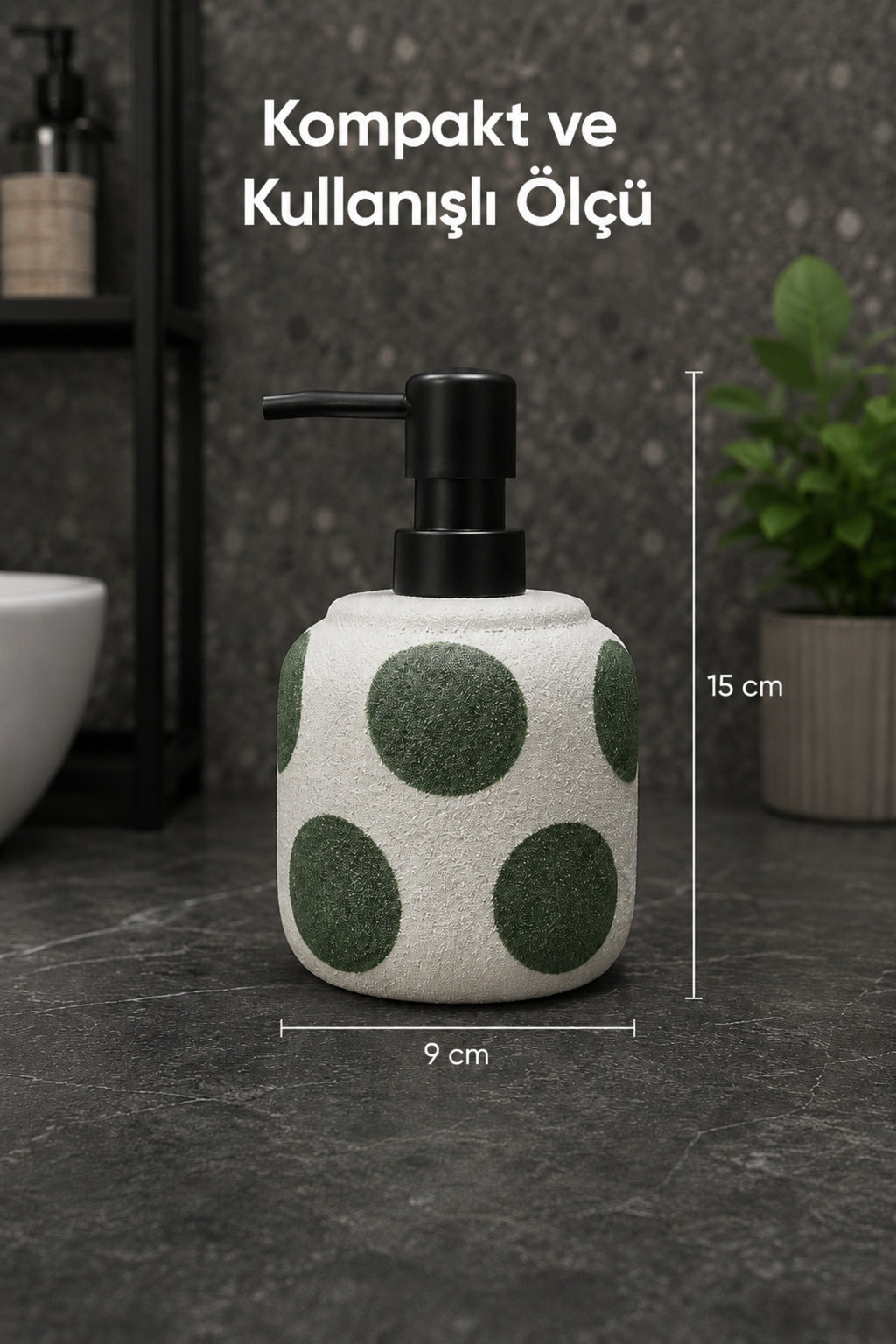 Yeşil Puantiyeli Seramik Sıvı Sabunluk 380 ml Beyaz Lüks Banyo Mutfak Sıvı Sabunluk