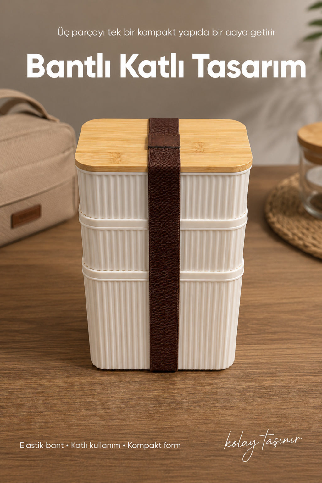 3'lü Dikdörtgen Fitilli Desenli Bantlı Saklama Kabı 2x(500 ml) 1x(1 Litre) Bambu Kapaklı Taşınabilir Beslenme Seti