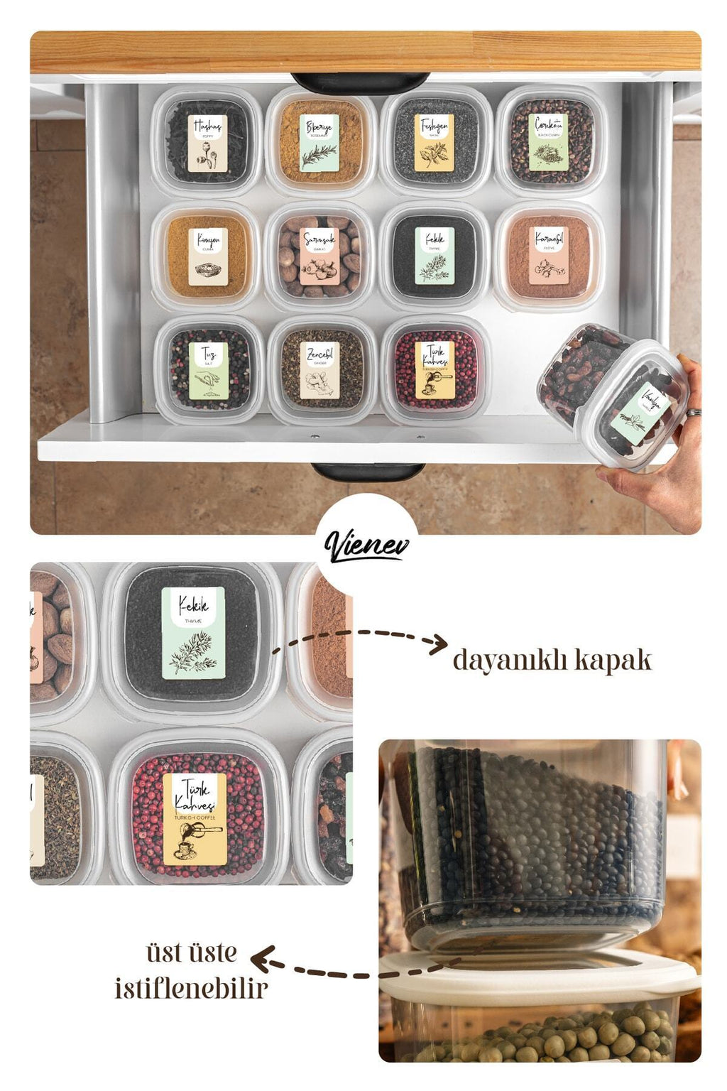 Renkli Etiketli 12li Peggy Kare Erzak Saklama Kabı 4x(0,55 Litre, 1,2 Litre, 1,75 Litre) Beyaz
